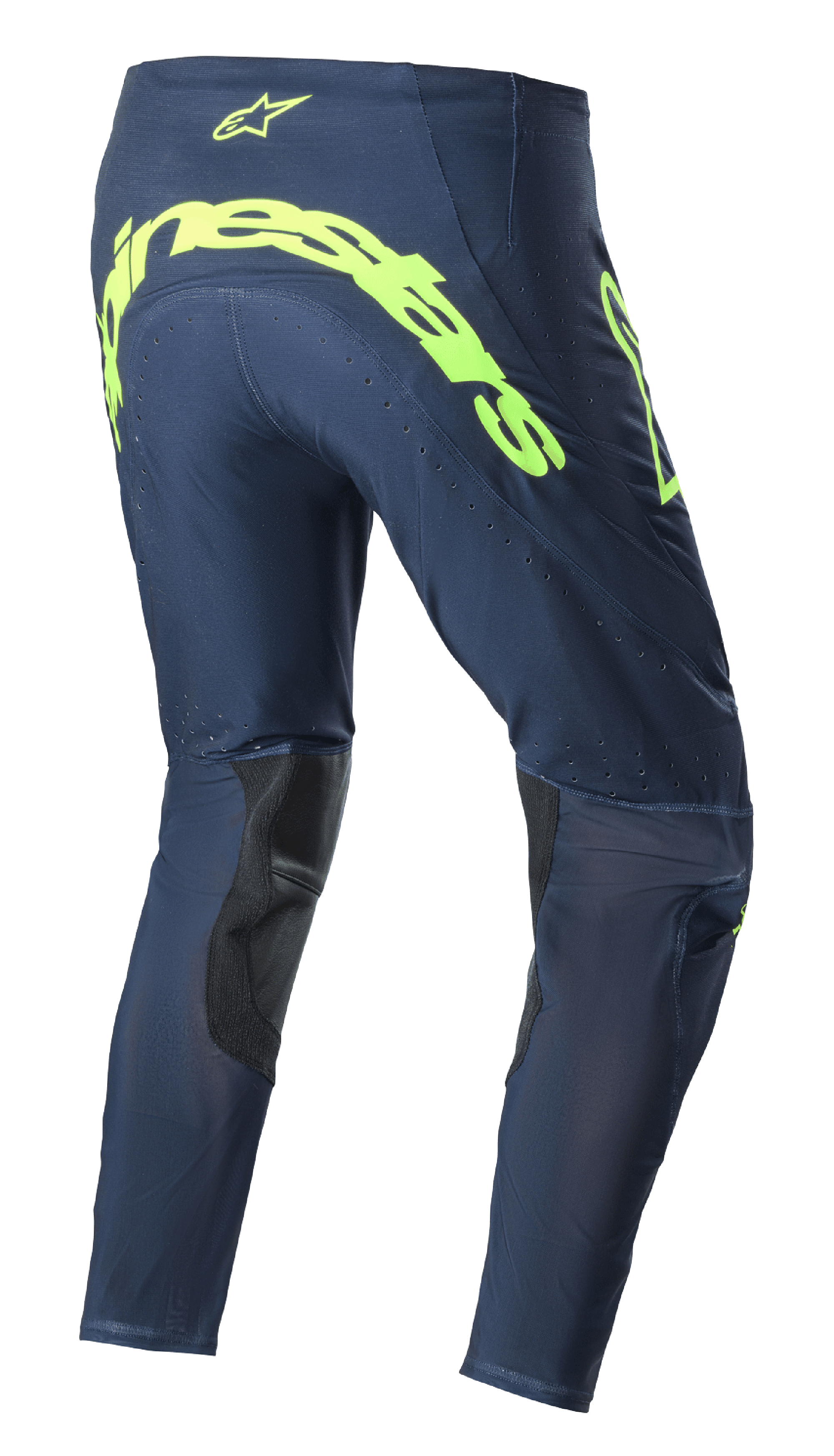 Alpinestars 2023 Supertech Bruin Pants, pantalones de motocross, azul noche y amarillo flúor, vista trasera con el gran logotipo de Alpinestars en amarillo flúor en el asiento, zonas de ventilación perforadas y refuerzos negros en el interior de la pierna.