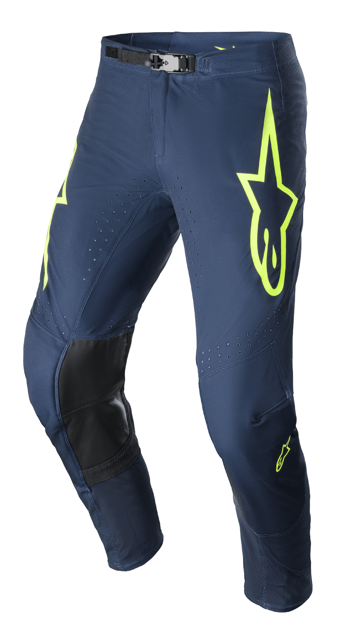 Pantalones Alpinestars Supertech Bruin 2023, pantalones de motocross, azul marino noche y amarillo flúor, con paneles de rodilla reforzados en negro, ventilación perforada y hebilla magnética ajustable en la cintura, diseño de competición duradero