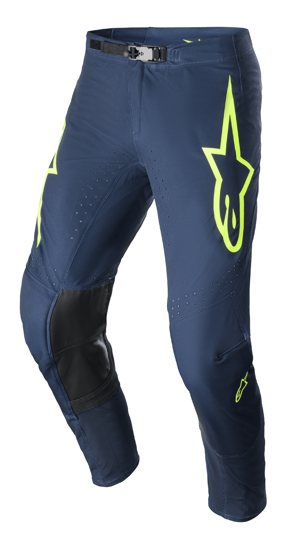 Pantalones Alpinestars Supertech Bruin 2023, pantalones de motocross, azul marino noche y amarillo flúor, con paneles de rodilla reforzados en negro, ventilación perforada y hebilla magnética ajustable en la cintura, diseño de competición duradero