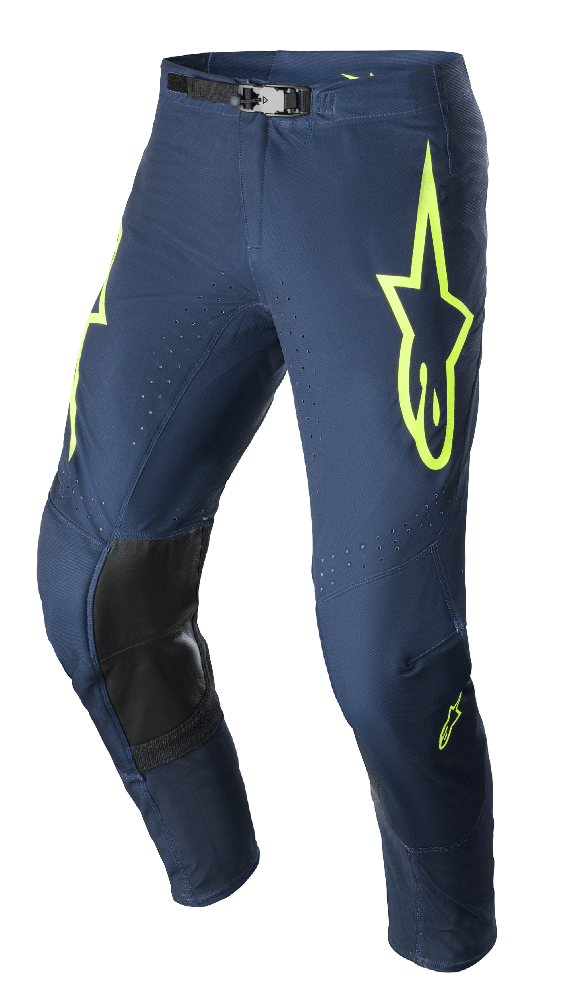 Pantalones Alpinestars Supertech Bruin 2023, pantalones de motocross, azul marino noche y amarillo flúor, con paneles de rodilla reforzados en negro, ventilación perforada y hebilla magnética ajustable en la cintura, diseño de competición duradero