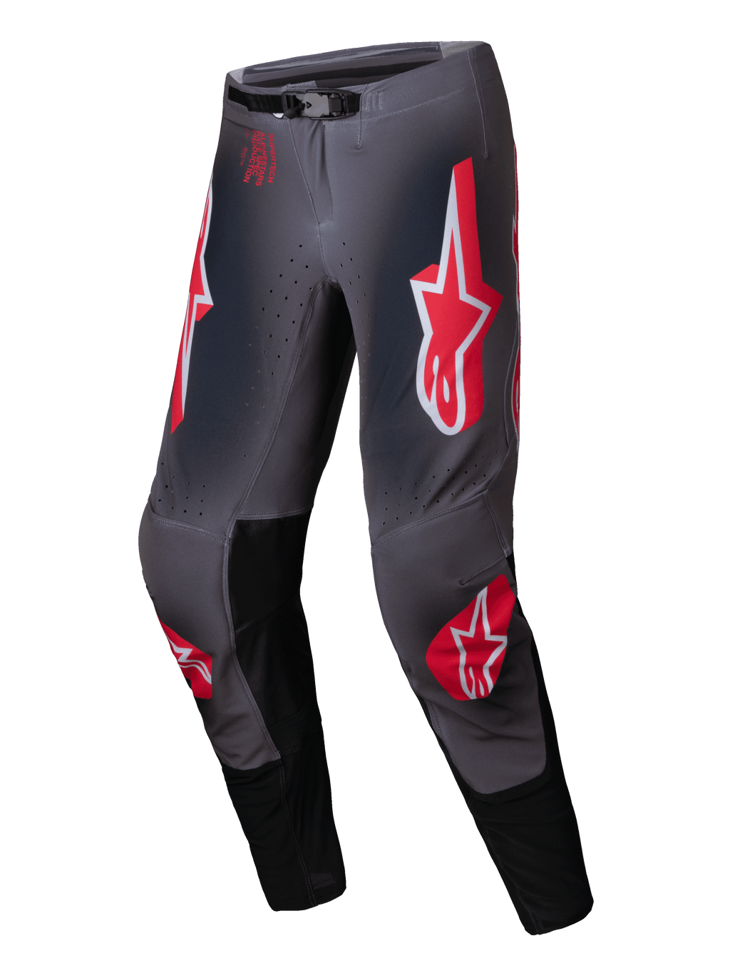 Alpinestars Pantalones Supertech Lipan 2025, pantalones de motocross todoterreno, grises y rojos, con construcción de rip-stop elástico y hebilla magnética SX1