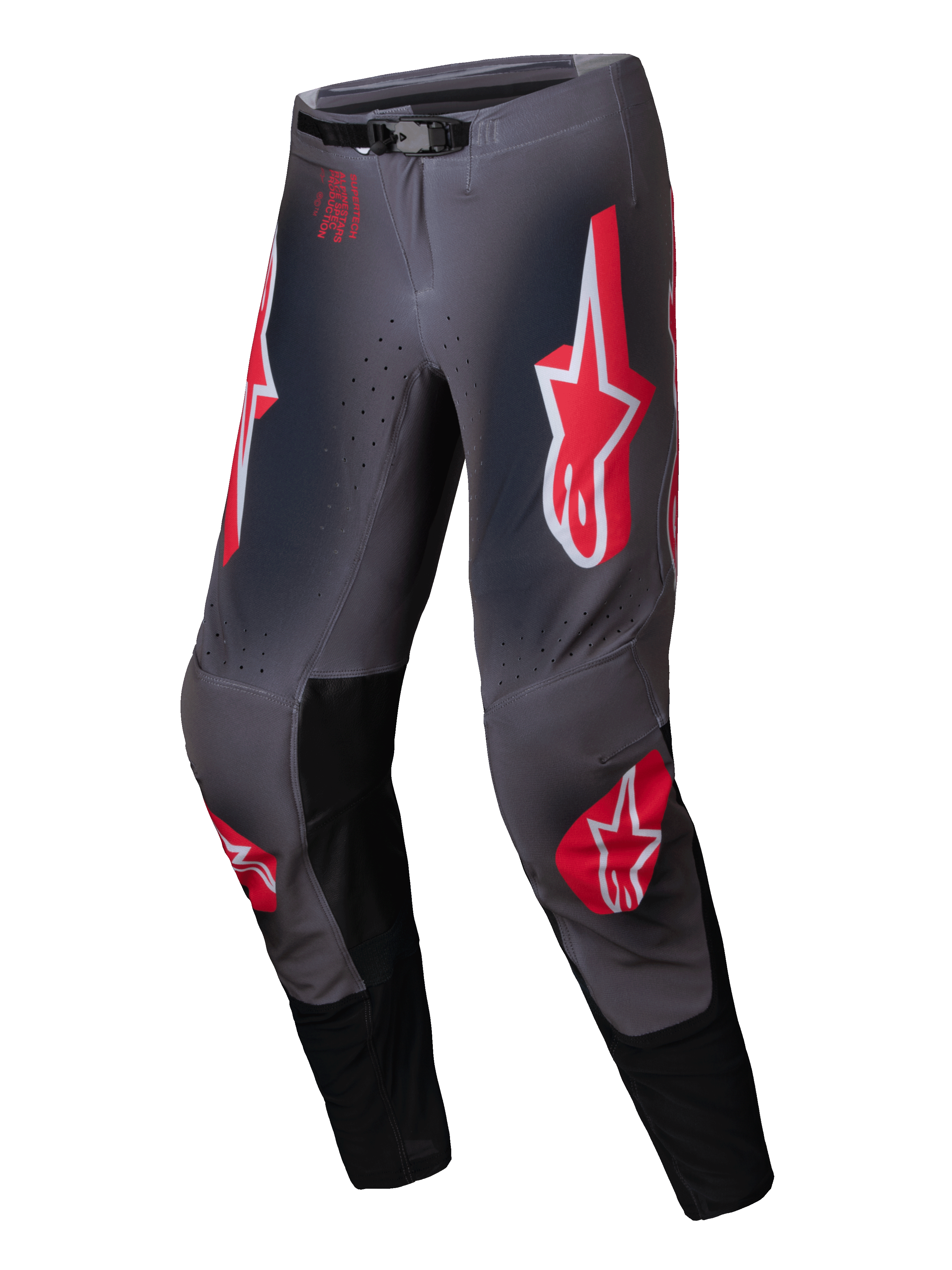Alpinestars Pantalones Supertech Lipan 2025, pantalones de motocross todoterreno, grises y rojos, con construcción de rip-stop elástico y hebilla magnética SX1