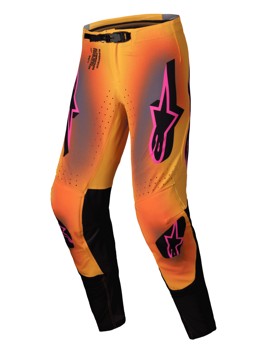 Alpinestars Pantalones Supertech Lipan 2025, pantalones de motocross para hombre, amarillos y rosas con detalles negros, cierre de hebilla magnética y paneles de piel de cabra