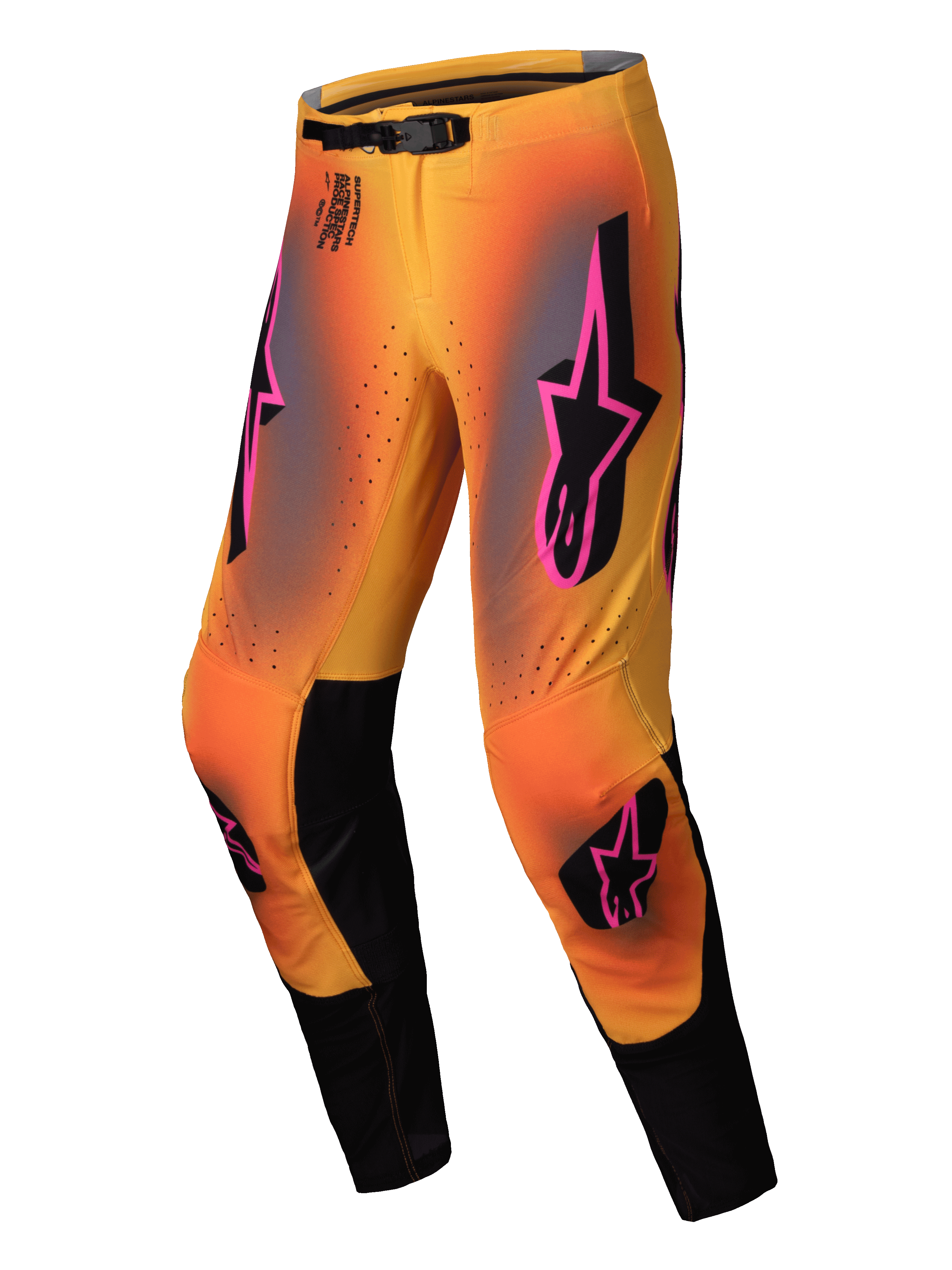 Alpinestars Pantalones Supertech Lipan 2025, pantalones de motocross para hombre, amarillos y rosas con detalles negros, cierre de hebilla magnética y paneles de piel de cabra