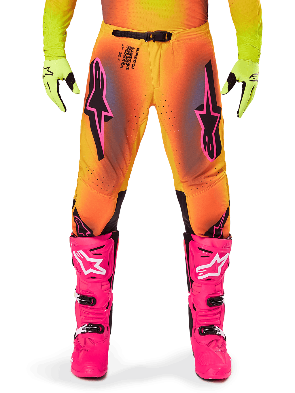 Pantalones Alpinestars 2025 Supertech Lipan, pantalones de motocross con degradado naranja y amarillo y detalles en rosa y negro, combinados con botas rosa brillante y guantes amarillo neón, con ventilación por corte láser y hebilla de cintura segura, conjunto de equipo de competición profesional