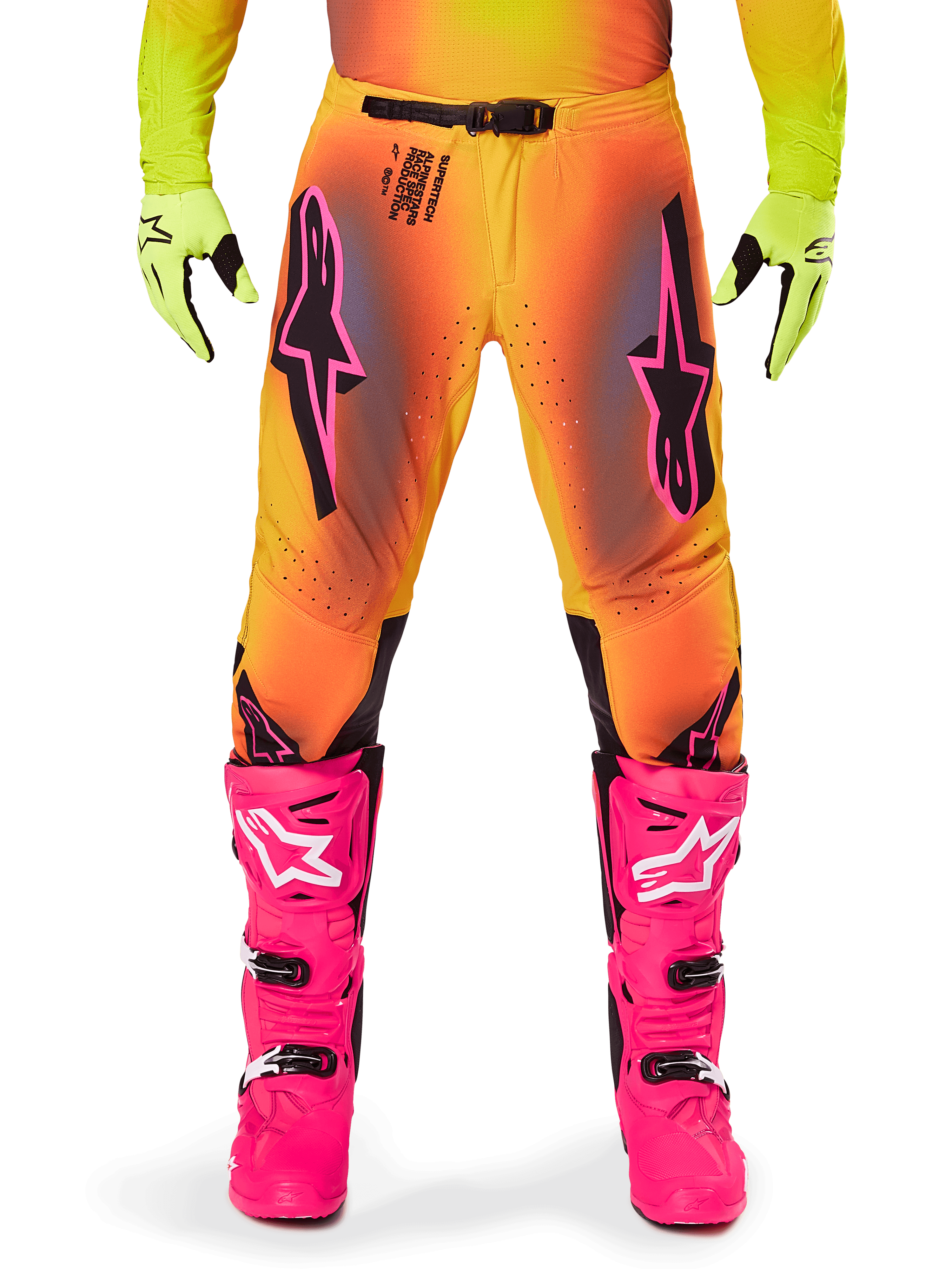 Pantalones Alpinestars 2025 Supertech Lipan, pantalones de motocross con degradado naranja y amarillo y detalles en rosa y negro, combinados con botas rosa brillante y guantes amarillo neón, con ventilación por corte láser y hebilla de cintura segura, conjunto de equipo de competición profesional
