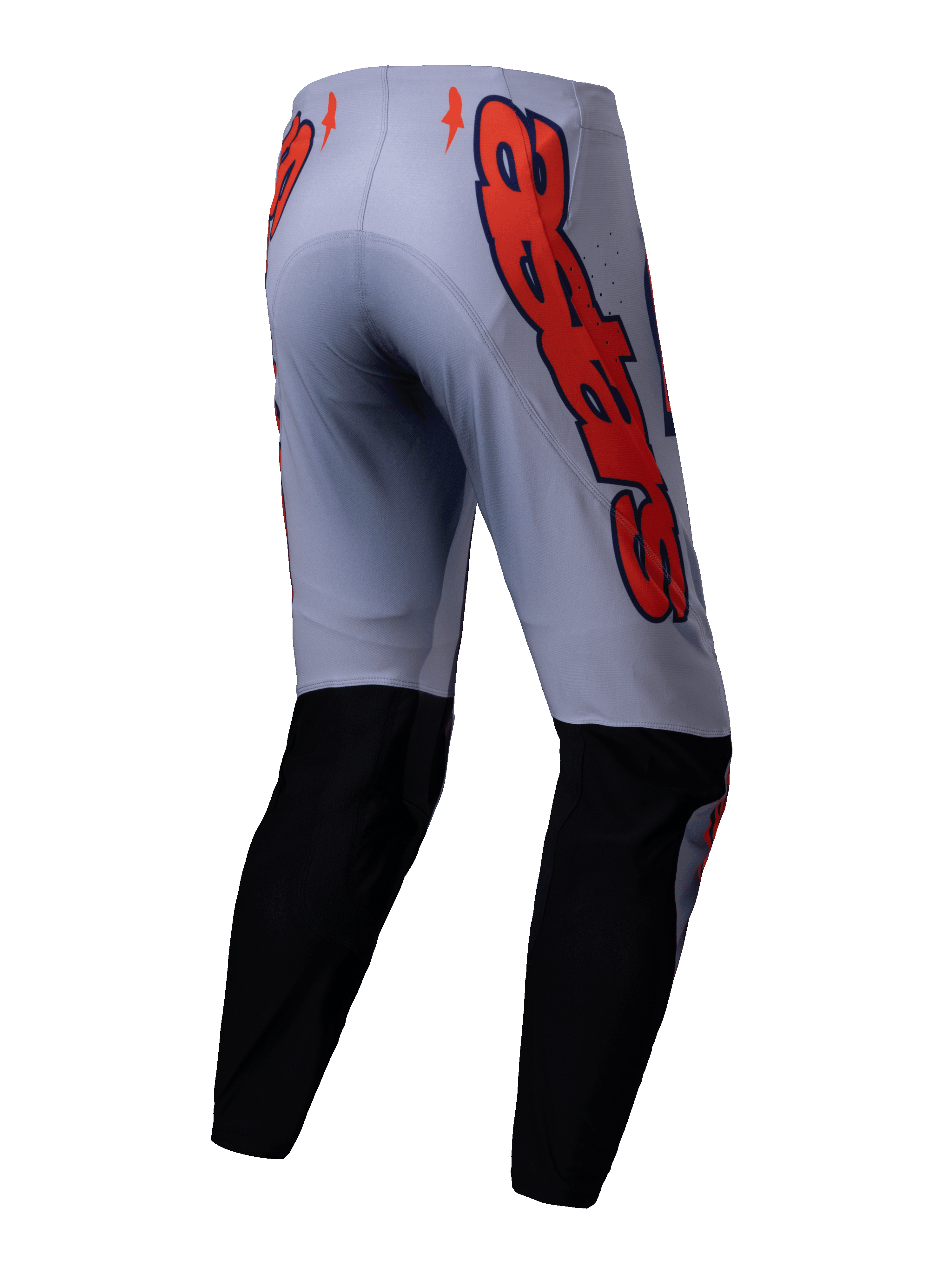 Alpinestars 2025 Supertech Lipan Pants, pantalones de motocross, gris y naranja flúor, vista posterior con paneles negros en la parte inferior de la pierna y grandes gráficos del logotipo de Alpinestars en naranja en las caderas, ajuste atlético para carreras off-road