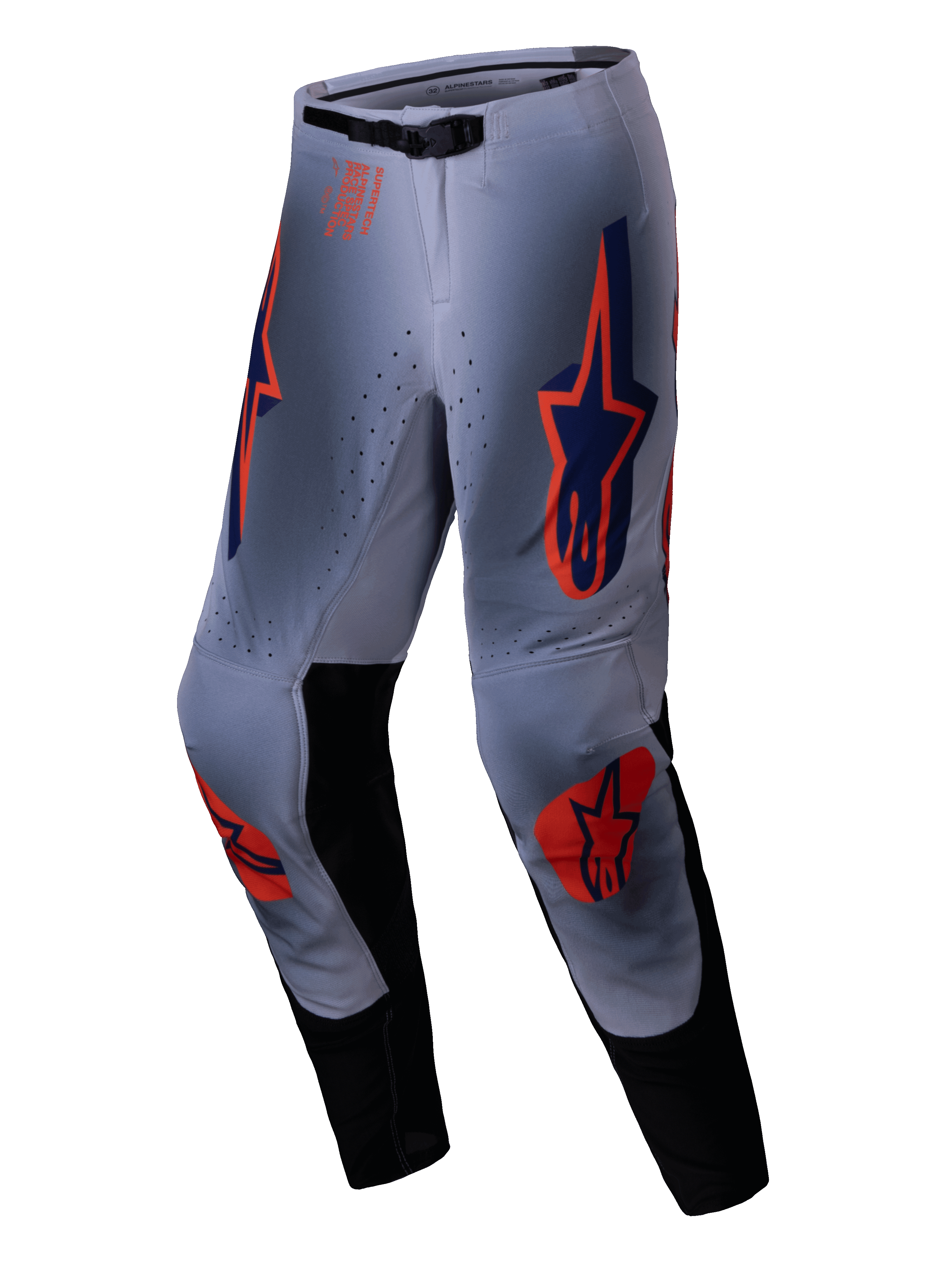 Alpinestars 2025 Supertech Lipan Pants, pantalones de motocross, gris y naranja flúor, con vibrantes logotipos de estrellas en naranja y azul marino en los muslos y las rodillas, paneles internos negros en las piernas y un cinturón ajustable, diseñados para un rendimiento todoterreno de nivel profesional.