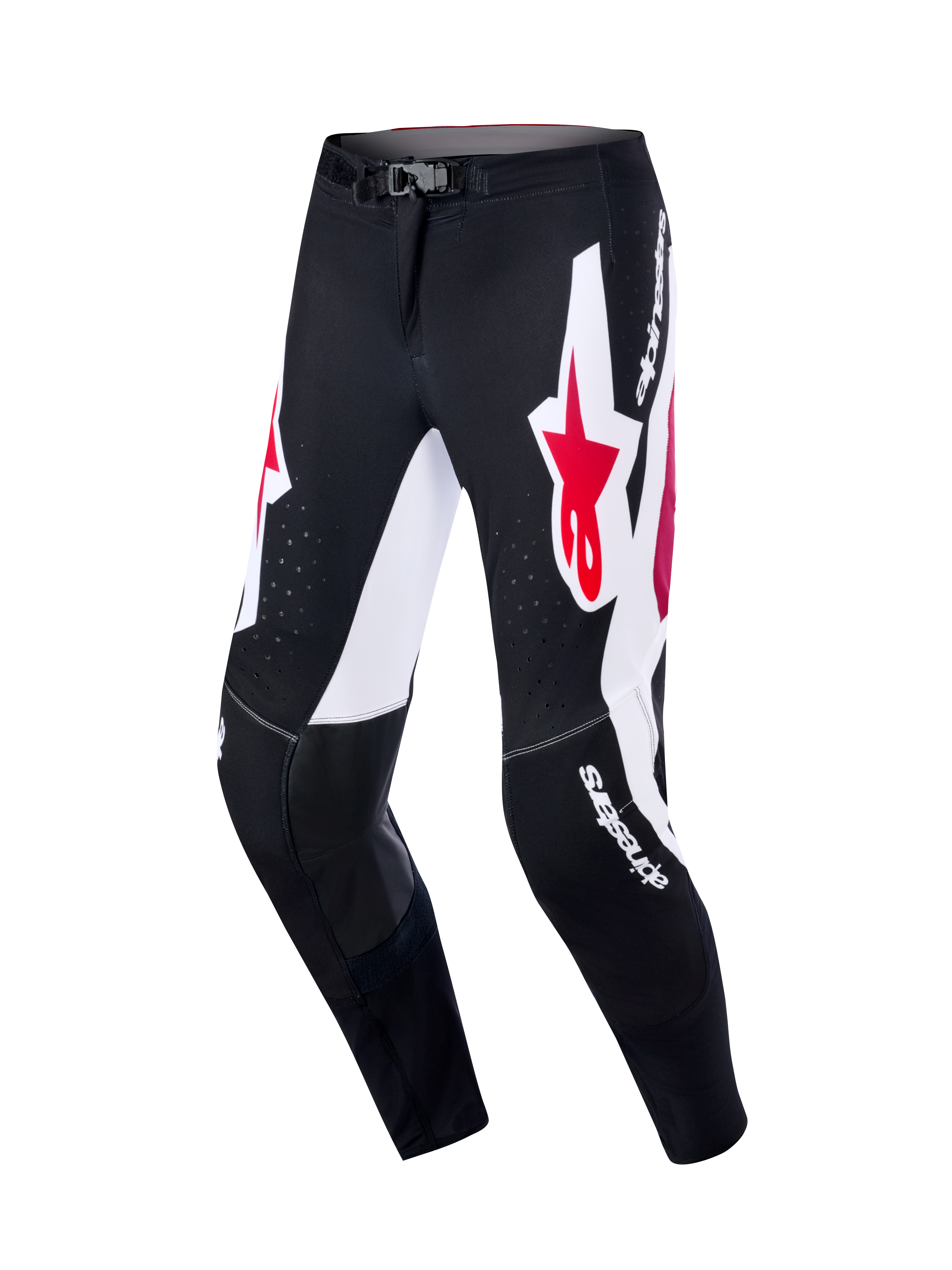 Pantalones Alpinestars Supertech AFD Vista 2026, pantalones de motocross, negro, rojo y blanco, con grandes paneles gráficos blancos y logos de estrellas rojas, paneles interiores de cuero negro en las rodillas, perforaciones láser para flujo de aire y logotipos blancos, equipamiento profesional para carreras todoterreno