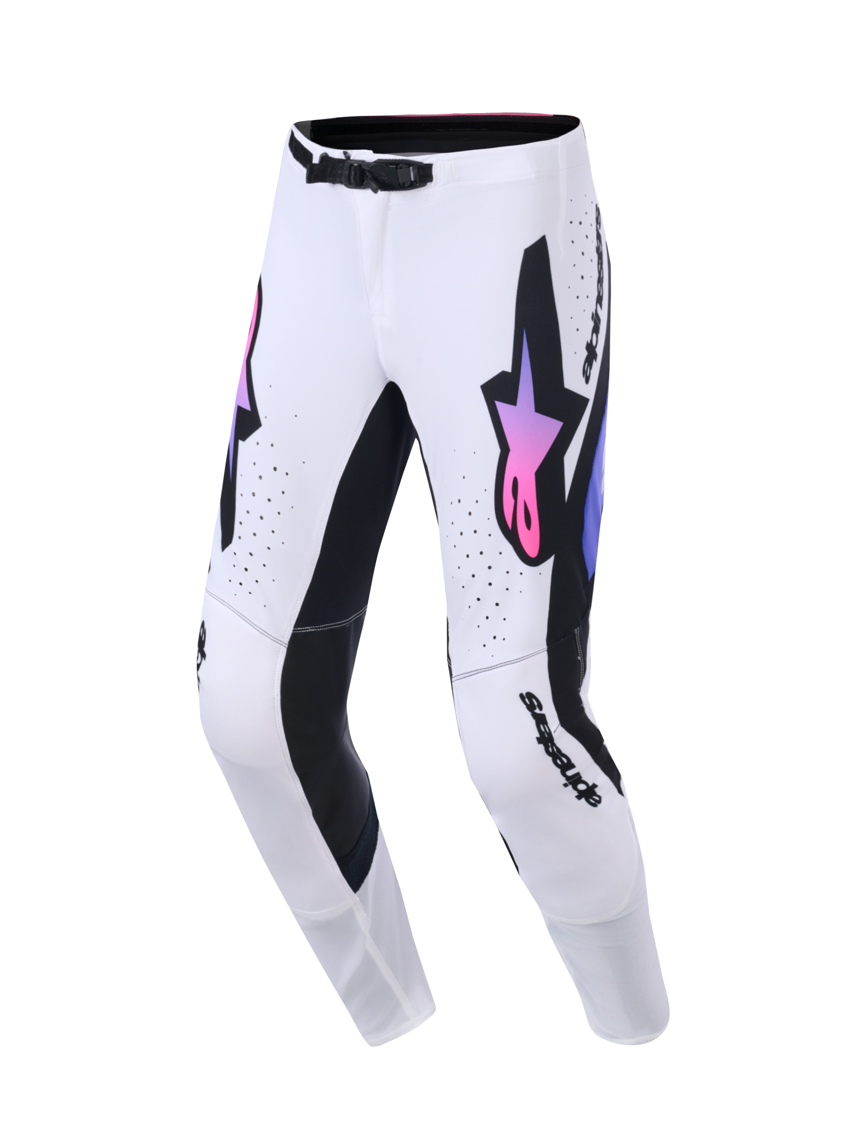 Alpinestars 2026 Supertech AFD Vista Pants, Motocross Pants, White with Black and Pink-Purple gradient accents, featuring prominent star logos on the thighs, laser-cut perforations, and athletic-fit construction for professional-level off-road racing