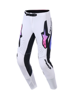 Alpinestars 2026 Supertech AFD Vista Pants, Motocross Pants, White Purple and Black, front view featuring bold Alpinestars logos with a purple and pink gradient, black inner leg panels, laser-cut ventilation holes, and an athletic racing fit.