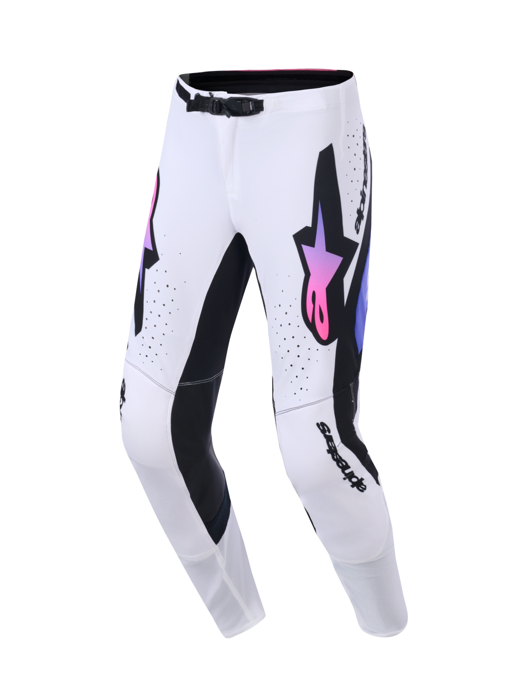 Pantalones Alpinestars Supertech AFD Vista 2026, pantalones de motocross, blanco, púrpura y negro, con un gran logotipo Astars negro con degradado rosa y púrpura, paneles interiores negros y hebilla magnética SX1, diseñados para el rendimiento en competición off-road