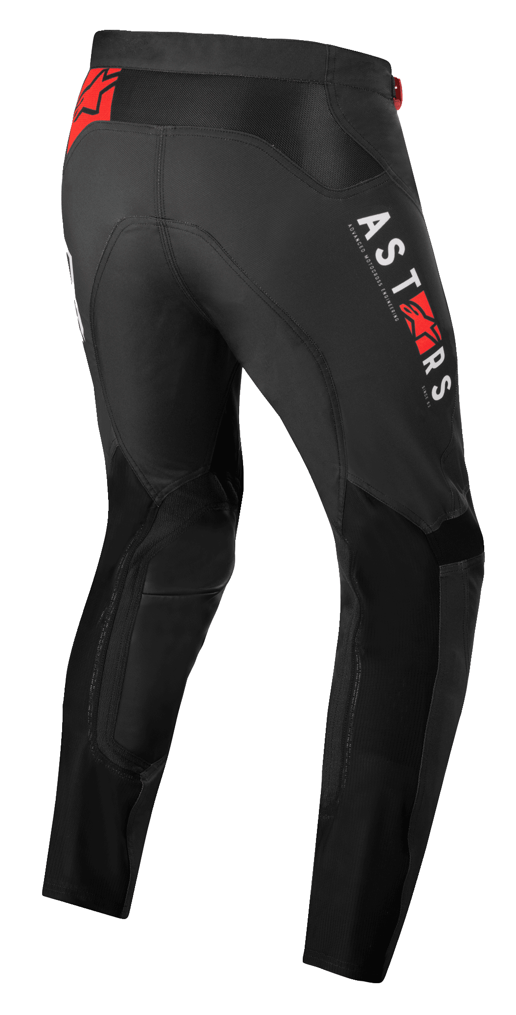 Pantalones Alpinestars Supertech Foster, pantalones de motocross, negros, con marca vertical ASTARS en blanco y logotipos de estrella en rojo, construcción textil de alto rendimiento con paneles de malla para ventilación y libertad de movimiento