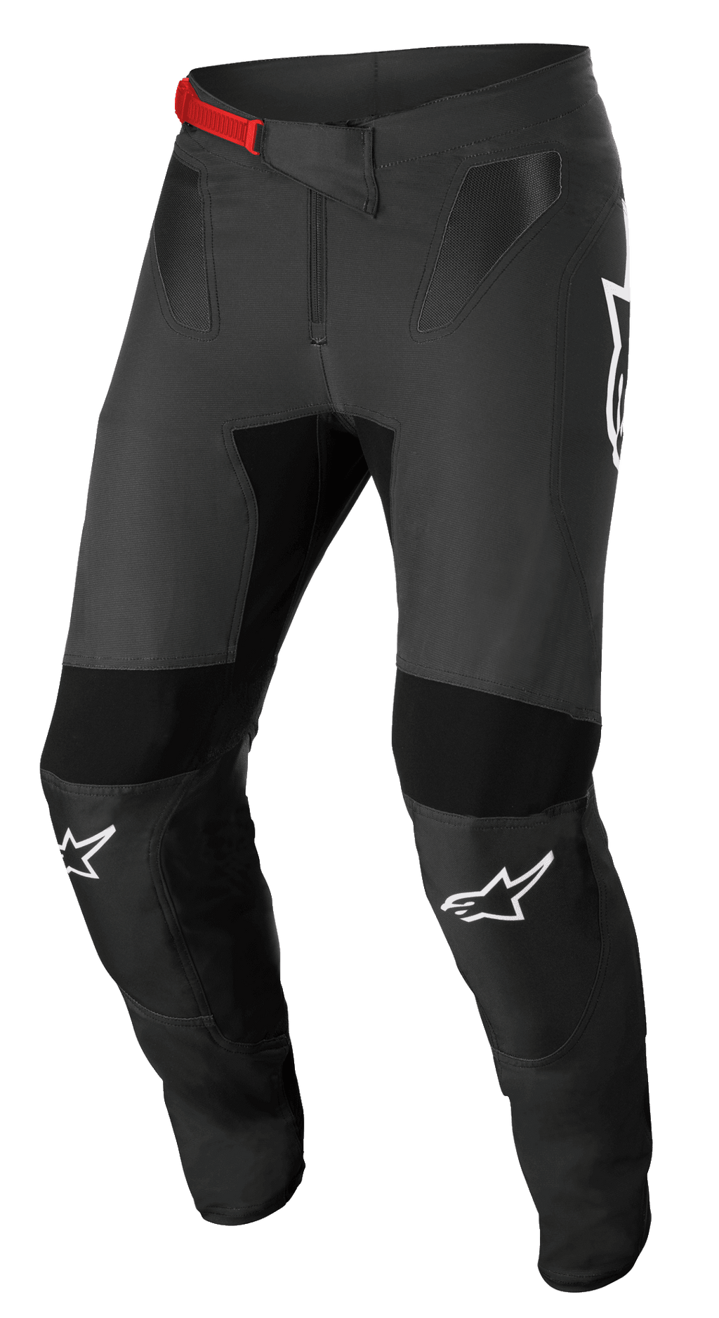 Pantalones Alpinestars Supertech Foster, pantalones de carreras de motocross, negros y grises, con hebilla roja en la cintura, logotipos blancos en las rodillas, protección reforzada en rodillas y muslos, paneles de malla ventilados y un diseño ajustado para conducción activa