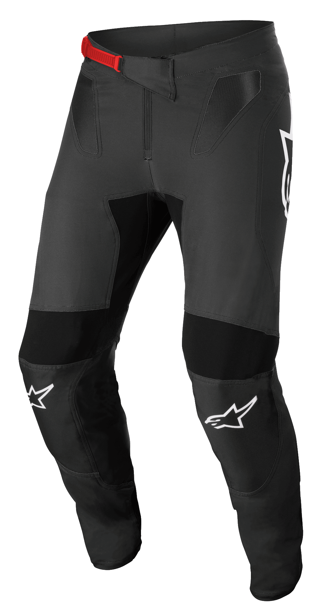 Alpinestars Supertech Foster Pants, Motocross Racing Pants, Black and Gray, featuring a red waist buckle, white knee logos, reinforced knee and thigh protection, ventilated mesh panels, and a fitted design for active riding