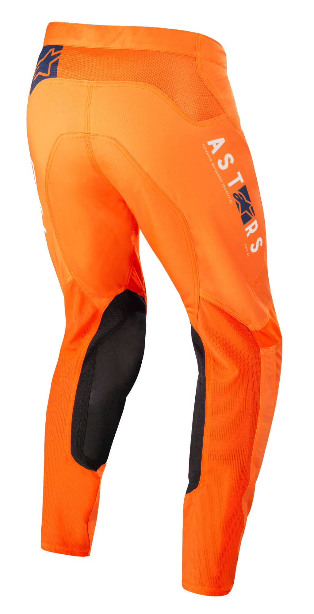Alpinestars Supertech Foster Pants, pantalones de motocross en color naranja, con paneles interiores de las rodillas en negro, logotipo de ASTARS en blanco y azul en la pierna, construcción avanzada con tejido rip-stop elástico, vista lateral trasera