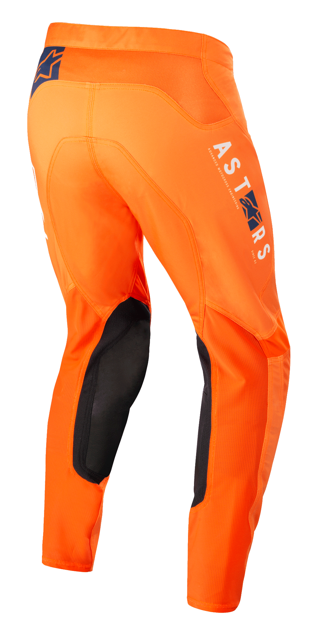 Alpinestars Supertech Foster Pants, pantalones de motocross en color naranja, con paneles interiores de las rodillas en negro, logotipo de ASTARS en blanco y azul en la pierna, construcción avanzada con tejido rip-stop elástico, vista lateral trasera