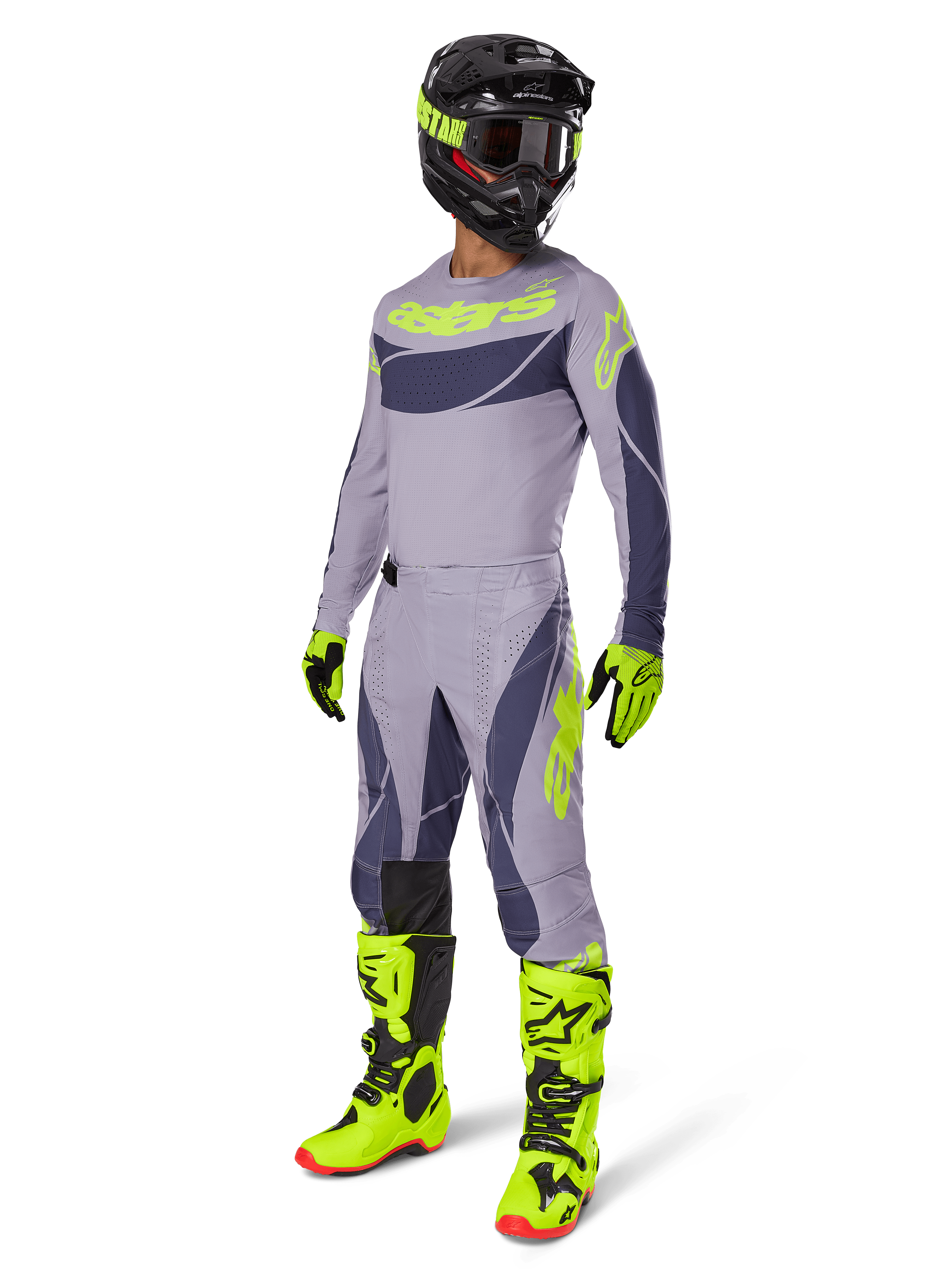 Alpinestars 2025 Techstar Dreem Pants, Motocross Pants, Gray and Dark Gray with neon green accents, worn with matching jersey, bright neon green boots, and black helmet, full professional motocross gear set
