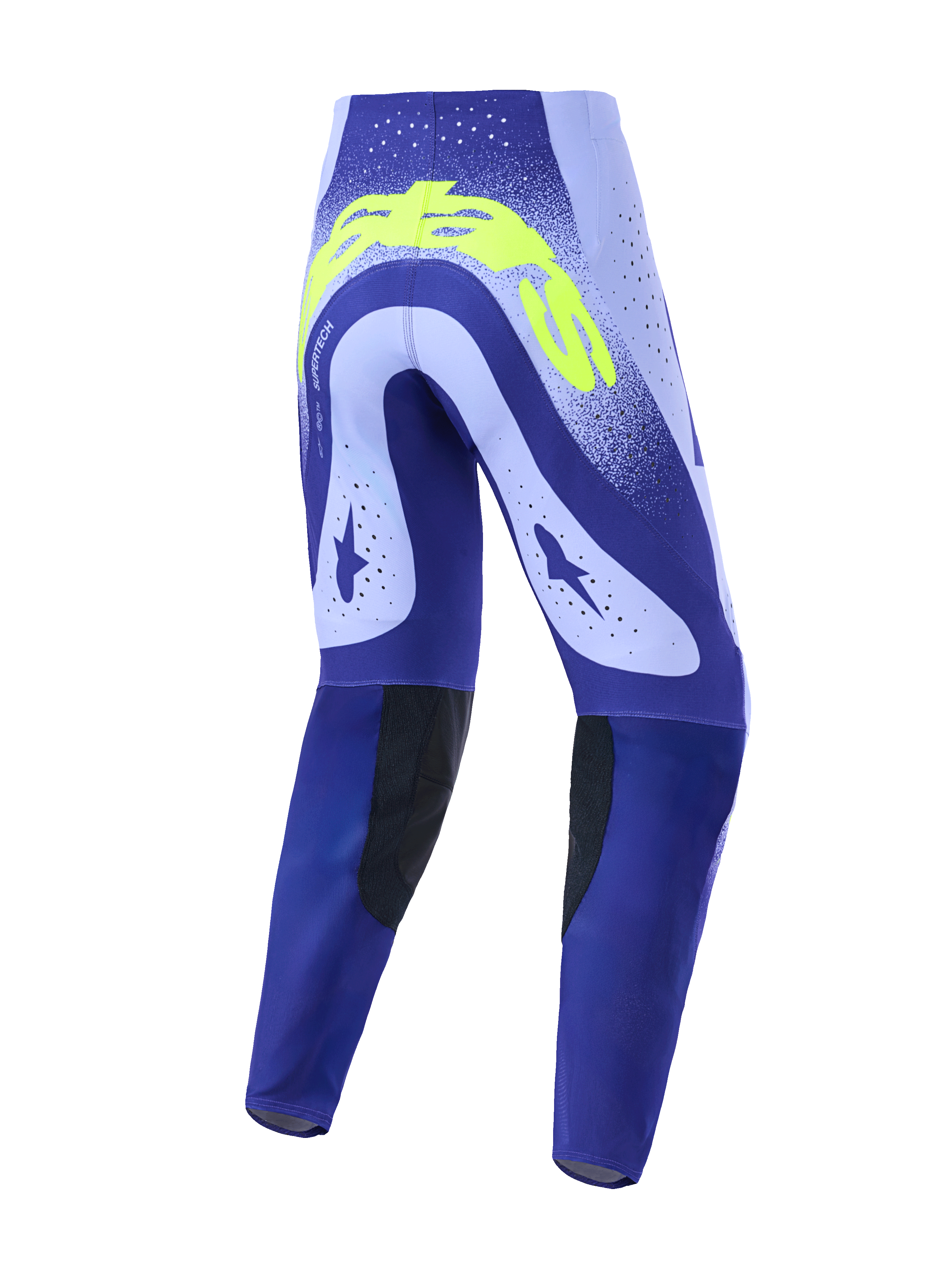 Alpinestars 2026 Supertech Scenz Pants, Motocross Pants, Purple and Neon Yellow, rear view showing technical design with laser-cut perforations, bold neon yellow branding on the back, and black durable inner knee panels