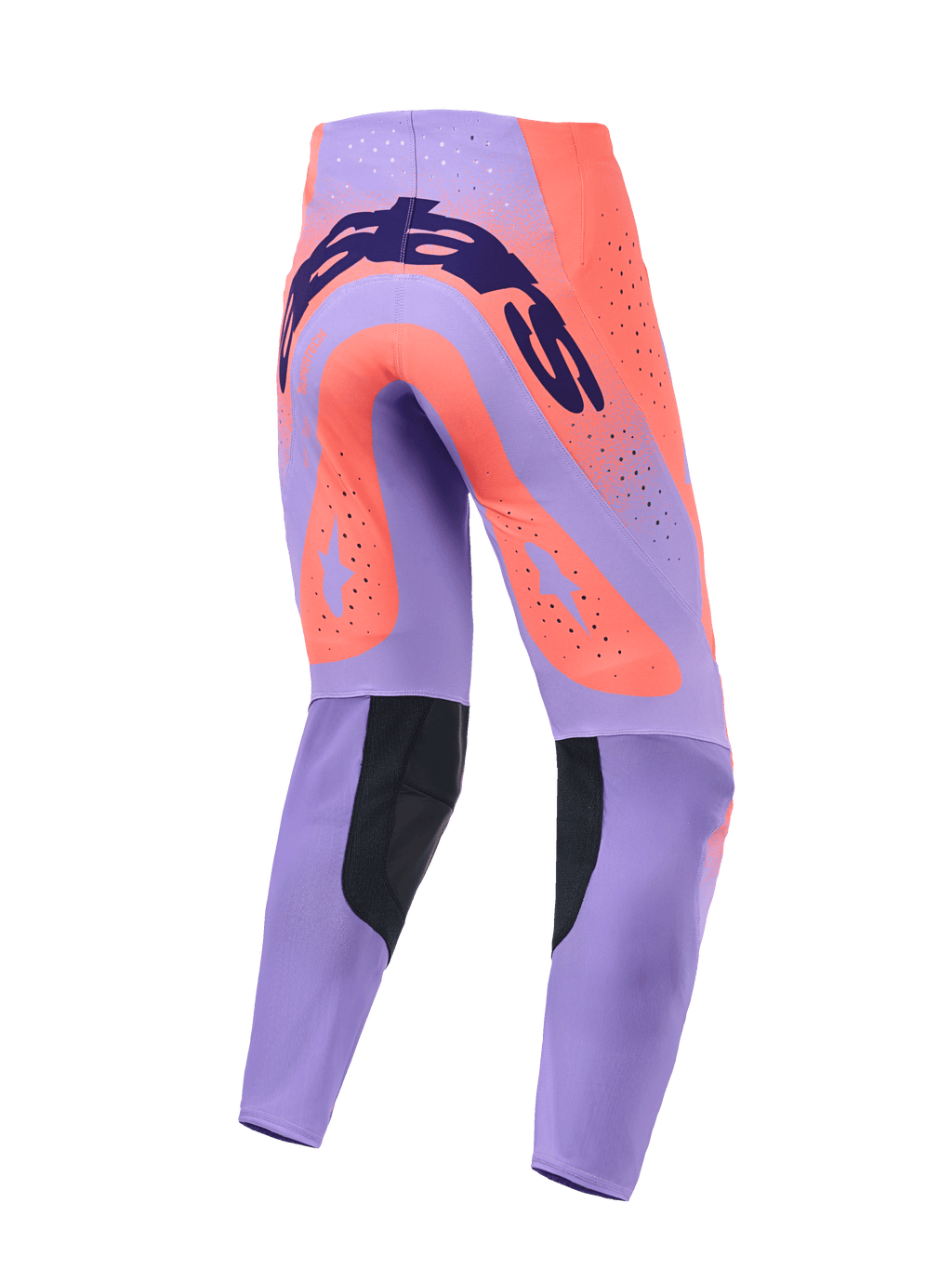 Pantalones Alpinestars Supertech Scenz 2026, pantalones de motocross, coral intenso y púrpura, vista trasera con marca en azul oscuro en el asiento, grandes detalles de estrellas en coral en los muslos, paneles negros en la parte interna de la pantorrilla y orificios de ventilación cortados con láser.