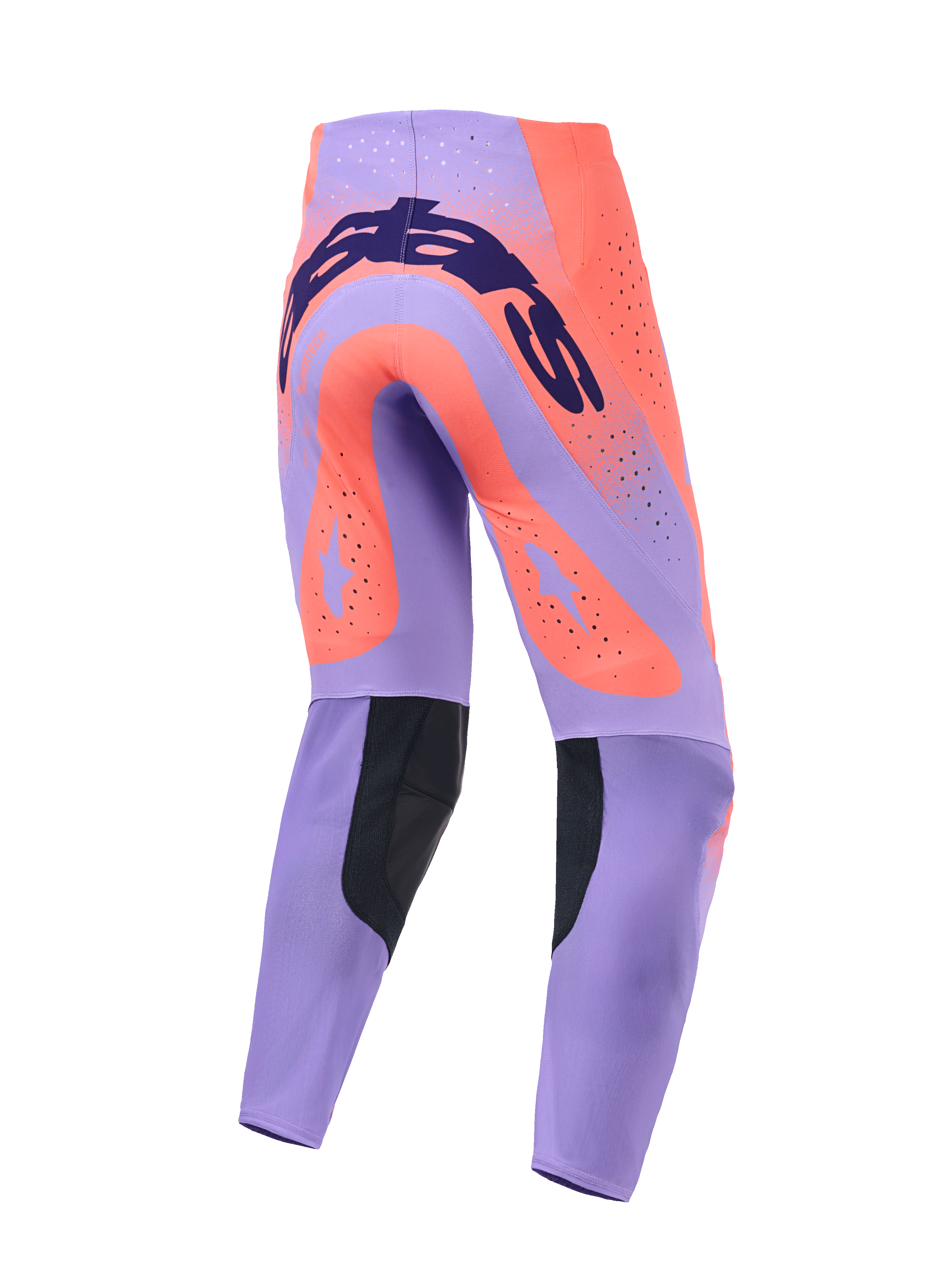 Pantalones Alpinestars Supertech Scenz 2026, pantalones de motocross, coral intenso y púrpura, vista trasera con marca en azul oscuro en el asiento, grandes detalles de estrellas en coral en los muslos, paneles negros en la parte interna de la pantorrilla y orificios de ventilación cortados con láser.