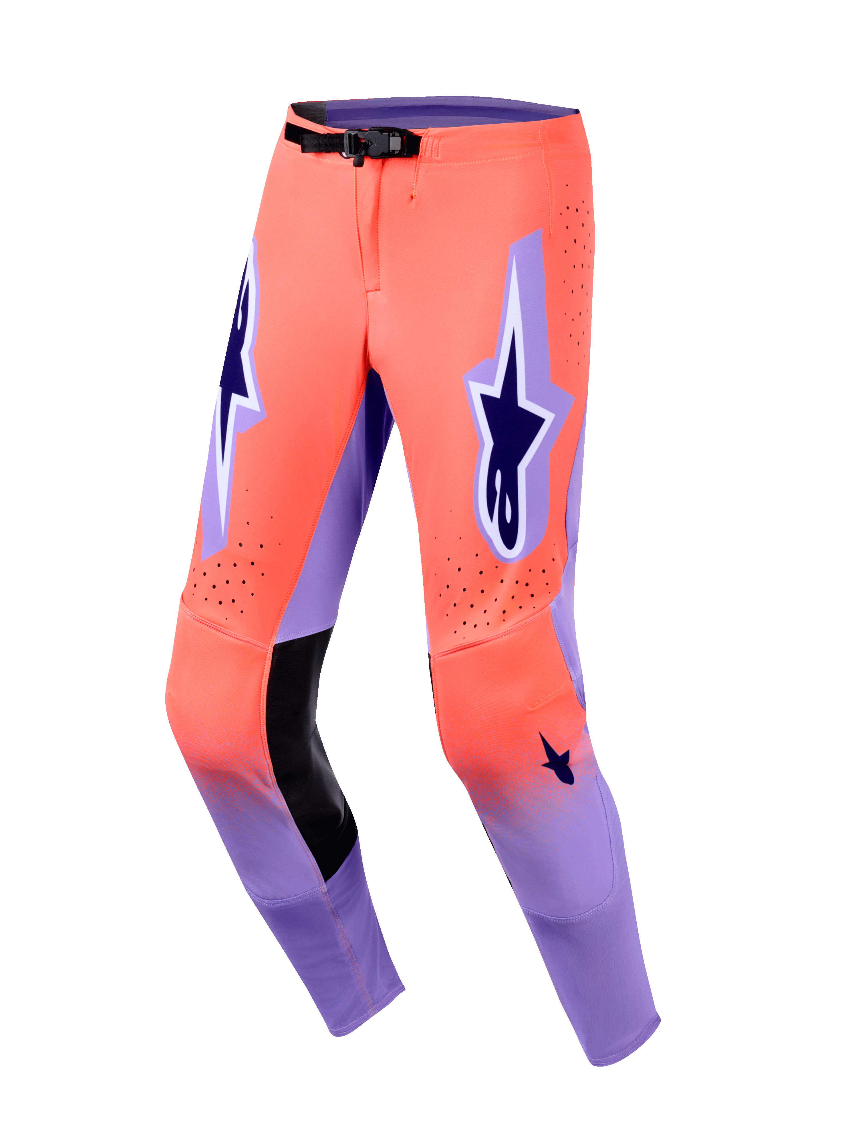 Alpinestars Supertech Scenz Pants 2026, pantalones de motocross en coral intenso y púrpura, con paneles interiores de cuero negro en las rodillas, logotipos A-star prominentes en púrpura oscuro en los muslos, perforaciones cortadas con láser y hebilla magnética negra en la cintura