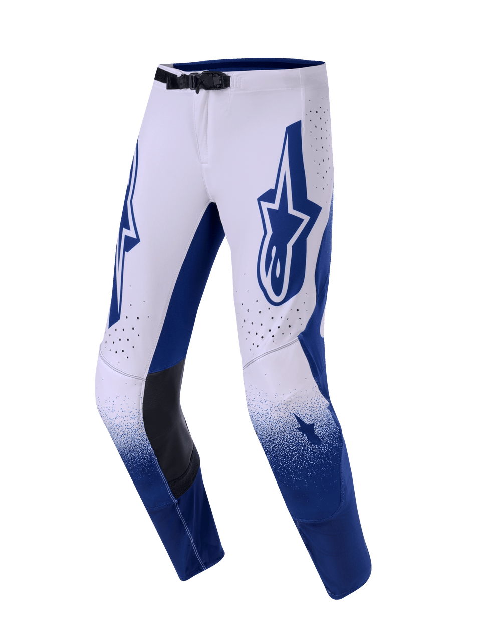 Alpinestars 2026 Supertech Scenz Pants, Motocross Pants, Light Gray and Dark Blue, featuring a large blue Astars logo on the thigh, black leather inner knee panels, and perforated ventilation holes, gradient effect on lower legs, professional racing gear for off-road performance