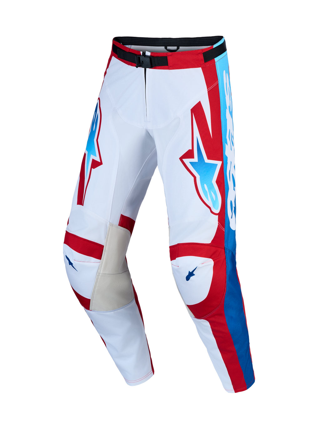 Alpinestars Racer Hunt, pantalones de motocross y conjunto para hombre, blancos y rojos con azul y rodillas de cuero.