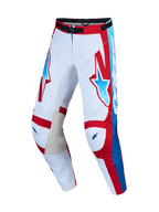 Alpinestars Racer Hunt, pantalones de motocross y conjunto para hombre, blancos y rojos con azul y rodillas de cuero.