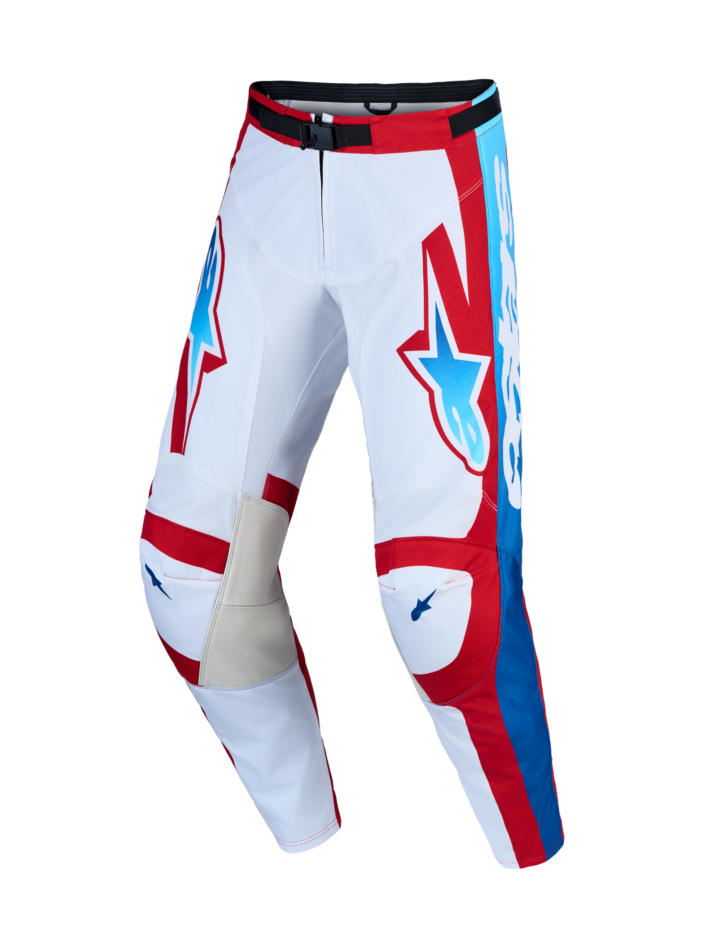 Alpinestars Racer Hunt, pantalones de motocross y conjunto para hombre, blancos y rojos con azul y rodillas de cuero.
