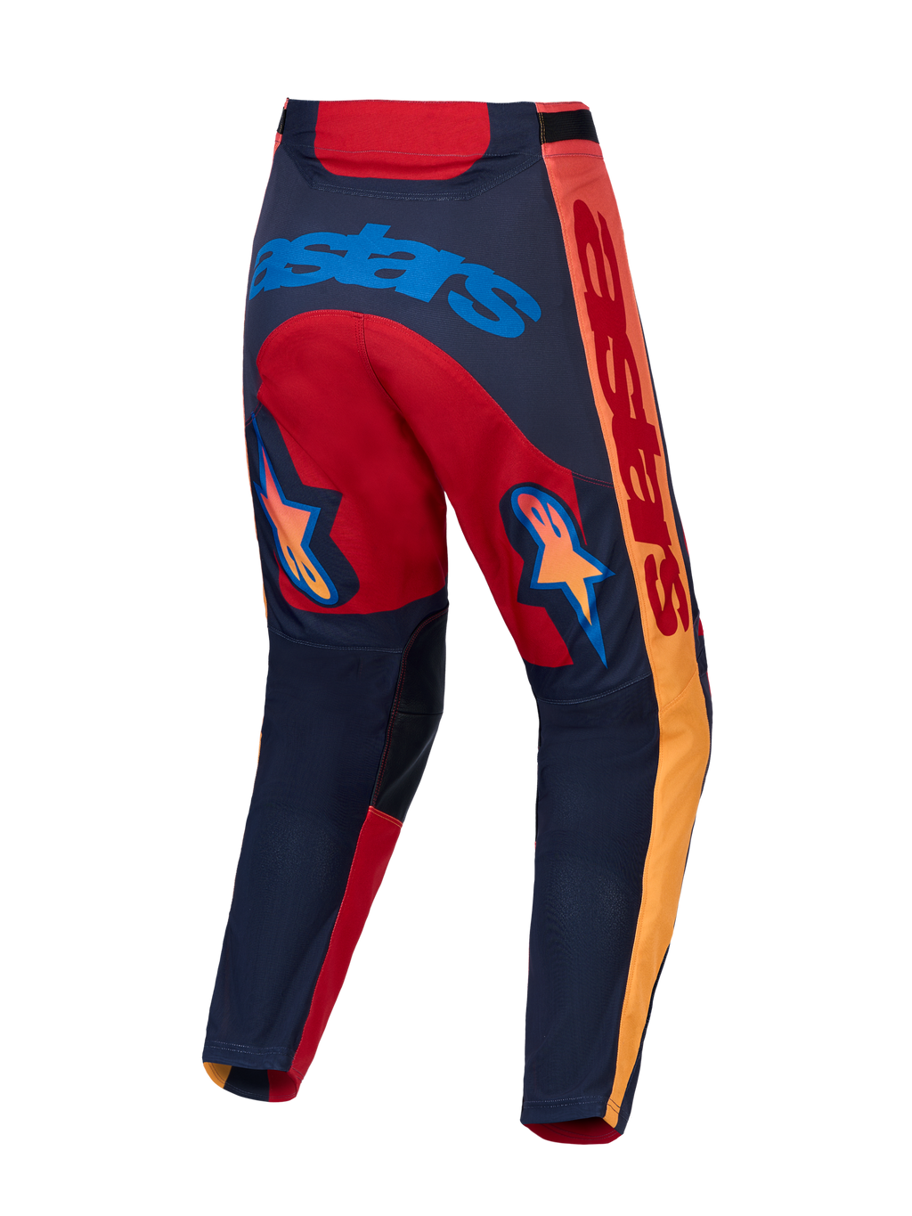 Alpinestars Racer Hunt, pantalones de motocross rojos y grises, vista trasera con gráficos de estrellas e insertos ripstop