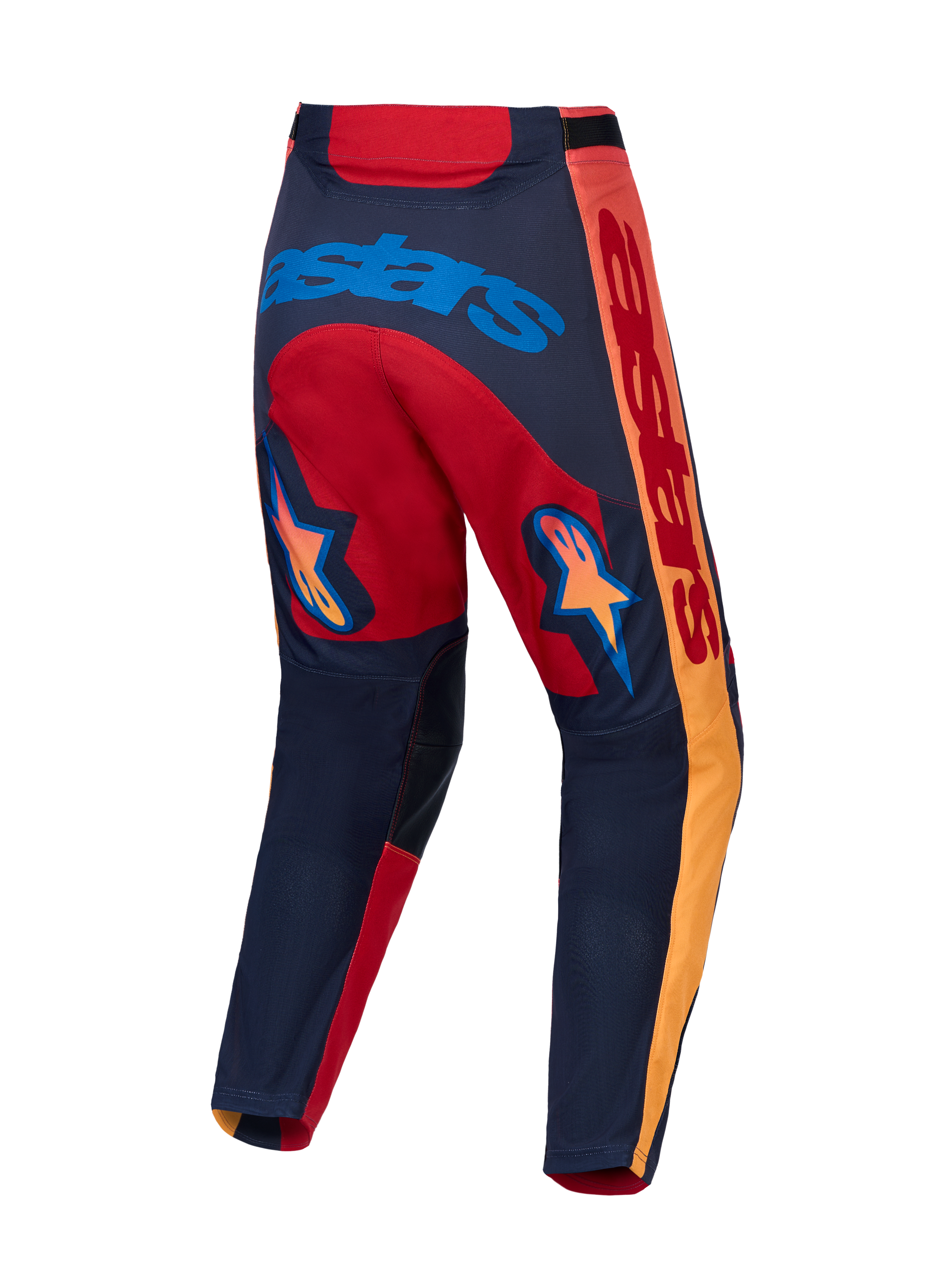 Alpinestars Racer Hunt, pantalones de motocross rojos y grises, vista trasera con gráficos de estrellas e insertos ripstop