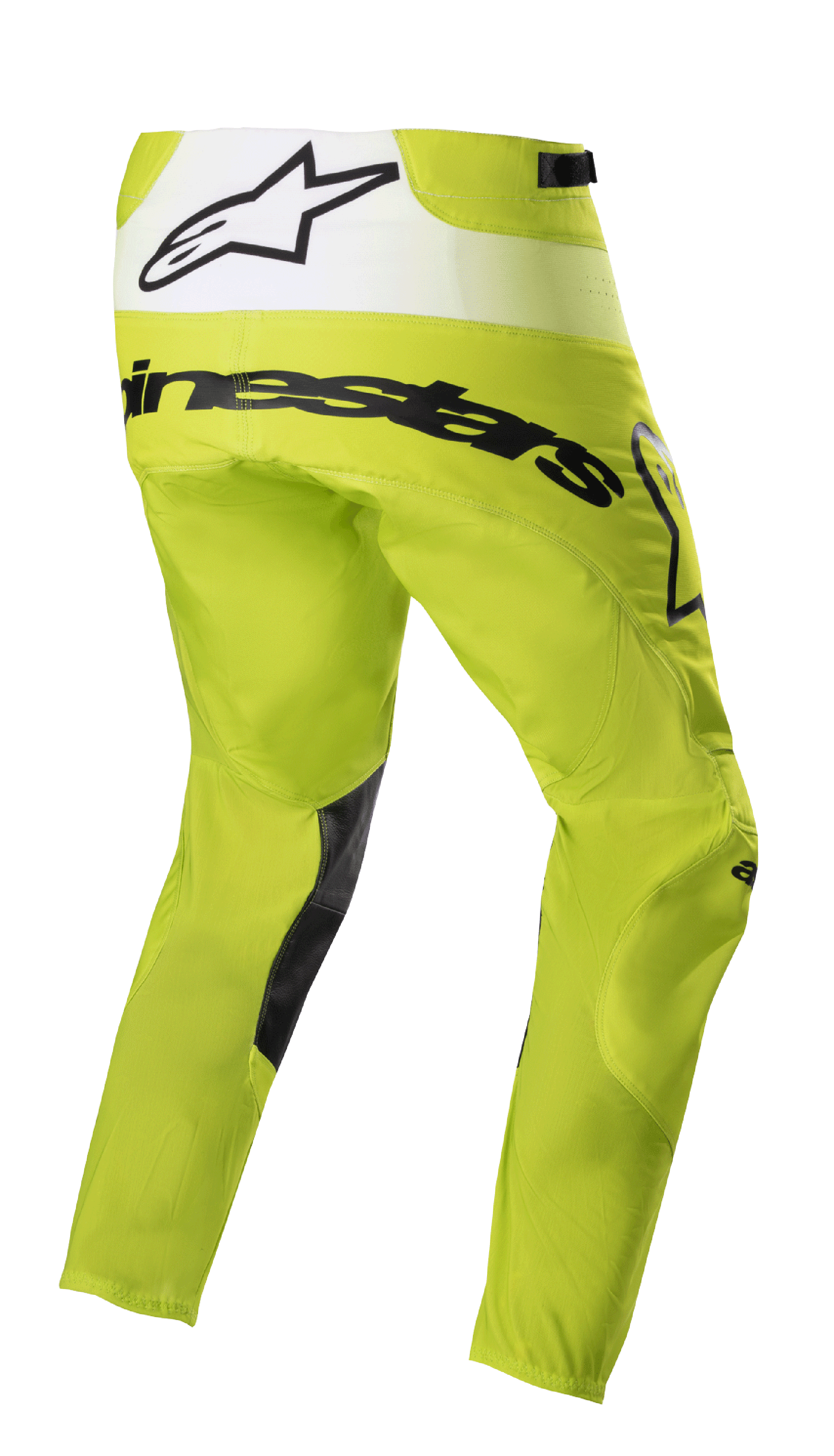 Alpinestars 2023 Techstar Push Pants, pantalones de motocross, amarillo flúor y blanco, vista trasera de tres cuartos con logotipos en negro y panel trasero blanco con el logo de la estrella, parches negros en el interior de las piernas, equipo duradero para carreras todoterreno
