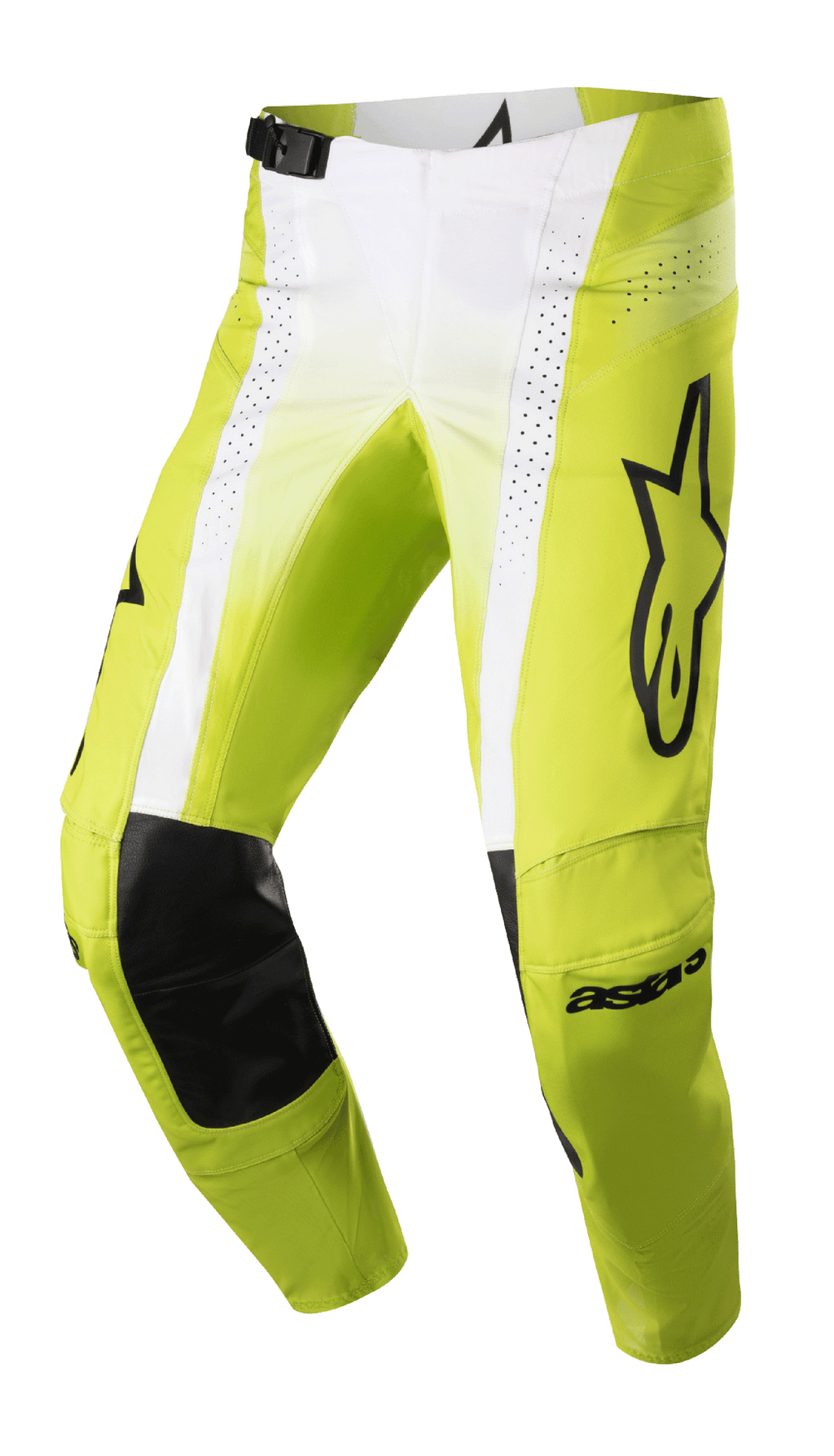 Alpinestars 2023 Techstar Push Pants, pantalones de motocross, amarillo flúor y blanco con detalles en negro, con refuerzos internos de cuero negro en las rodillas, paneles de ventilación perforados, logotipo negro grande en el muslo y hebilla ajustable en la cintura, equipamiento off-road de alto rendimiento