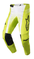 Alpinestars 2023 Techstar Push Pants, pantalones de motocross, amarillo flúor y blanco con detalles en negro, con refuerzos internos de cuero negro en las rodillas, paneles de ventilación perforados, logotipo negro grande en el muslo y hebilla ajustable en la cintura, equipamiento off-road de alto rendimiento