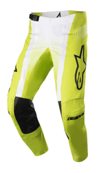 Alpinestars 2023 Techstar Push Pants, pantalones de motocross, amarillo flúor y blanco con detalles en negro, con refuerzos internos de cuero negro en las rodillas, paneles de ventilación perforados, logotipo negro grande en el muslo y hebilla ajustable en la cintura, equipamiento off-road de alto rendimiento