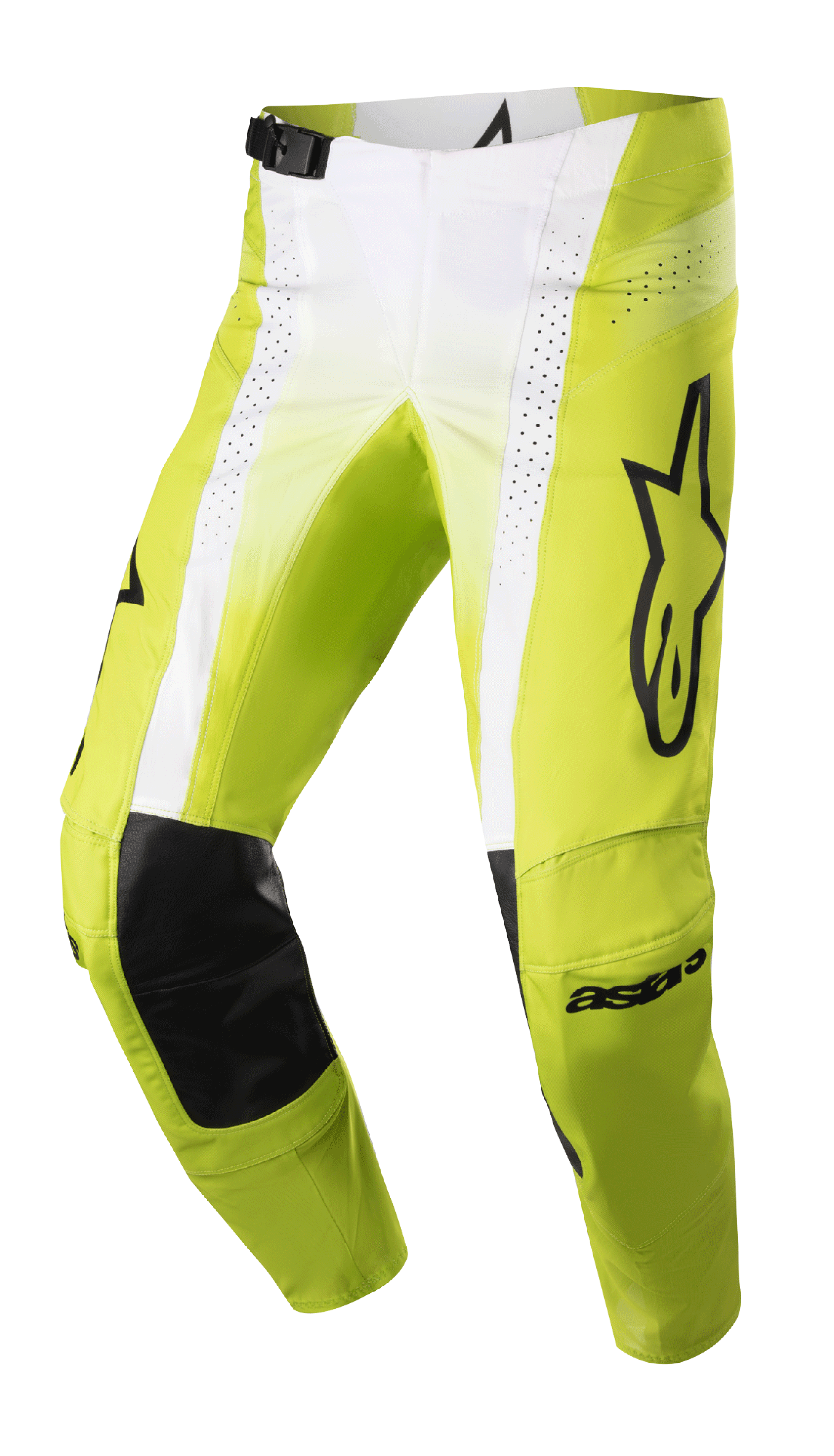Alpinestars 2023 Techstar Push Pants, pantalones de motocross, amarillo flúor y blanco con detalles en negro, con refuerzos internos de cuero negro en las rodillas, paneles de ventilación perforados, logotipo negro grande en el muslo y hebilla ajustable en la cintura, equipamiento off-road de alto rendimiento