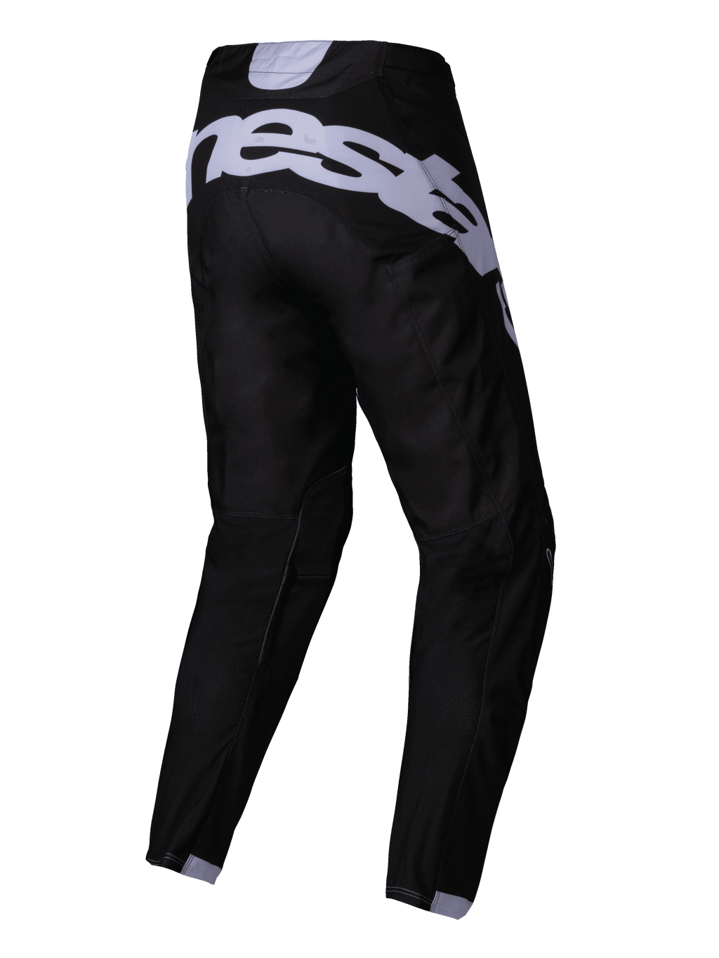 Alpinestars 2025 Racer Graphite Pants, pantalones de motocross, negro y gris, vista trasera con gran logotipo gris en el asiento, piernas precurvadas y tejido técnico duradero para carreras off-road
