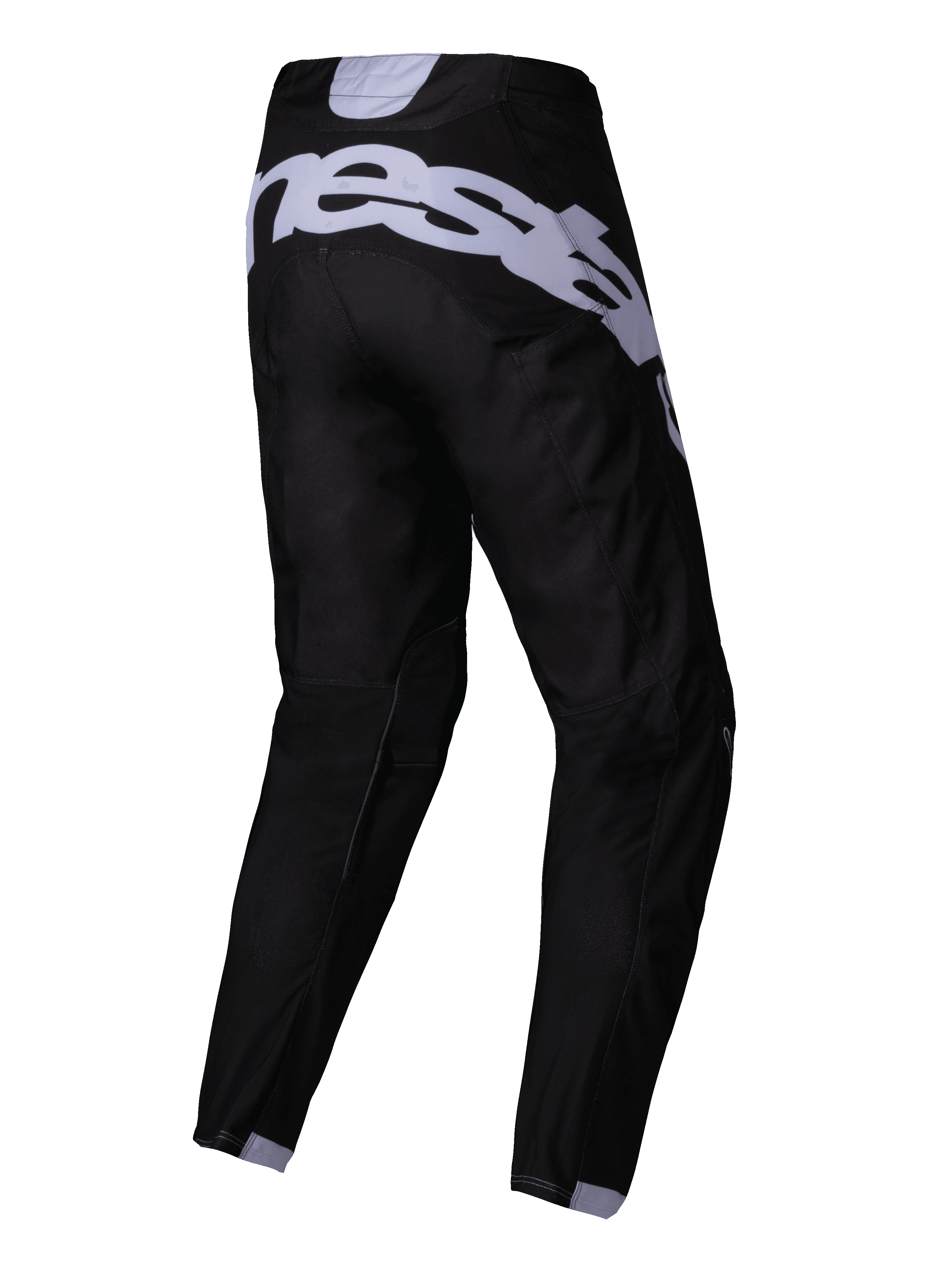 Alpinestars 2025 Racer Graphite Pants, pantalones de motocross, negro y gris, vista trasera con gran logotipo gris en el asiento, piernas precurvadas y tejido técnico duradero para carreras off-road