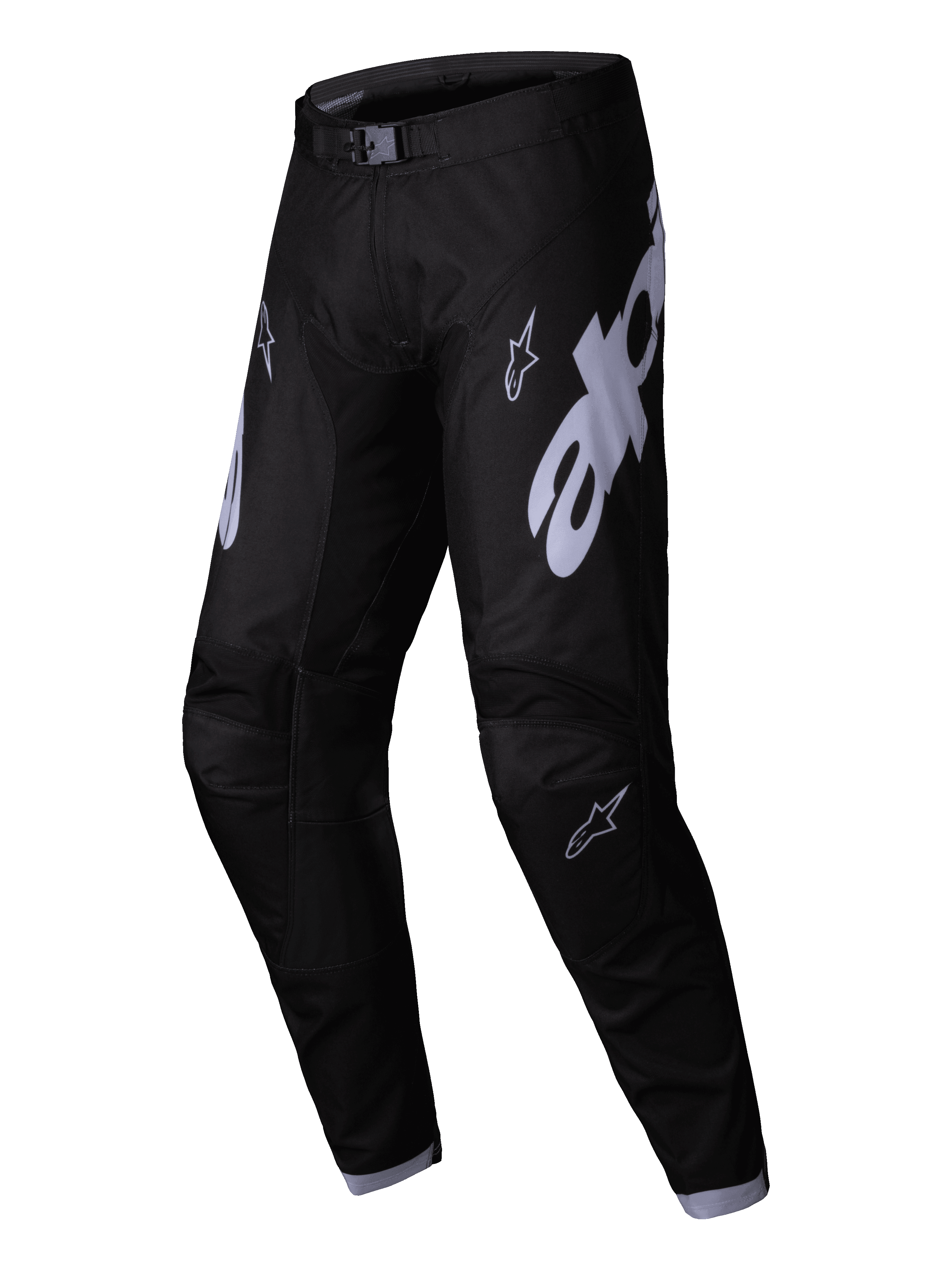 Alpinestars 2025 Racer Graphite Pants, pantalones de motocross, color negro y gris, con grandes logotipos grises de Alpinestars en los muslos, diseño de pierna precurvada y hebilla magnética en la cintura para rendimiento en competición off-road