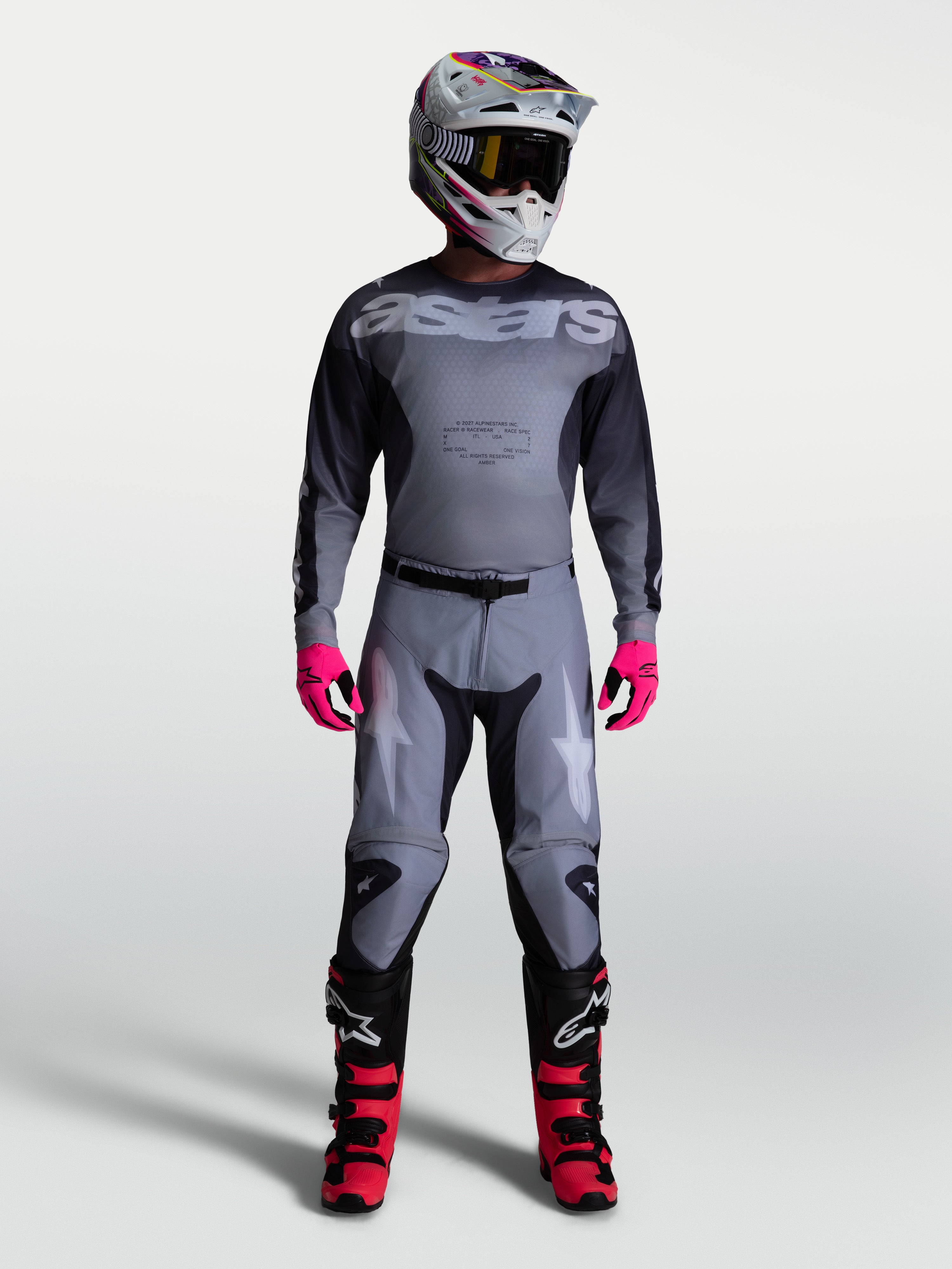 Alpinestars Racer Amber, pantalones de motocross para hombre, grises con detalles lila claro, ajuste de carreras precurvado