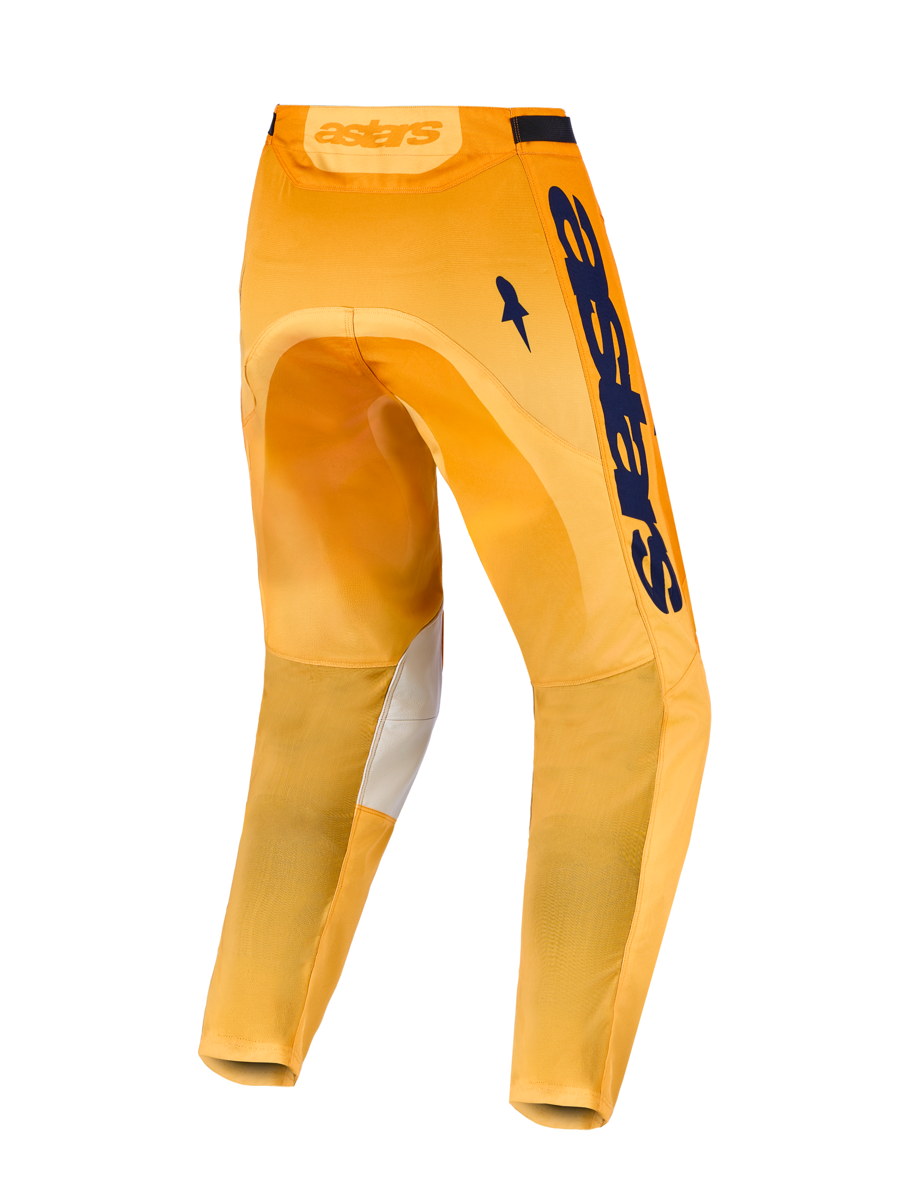Alpinestars Racer Amber, pantalones de motocross naranja y azul marino, vista trasera con paneles de cuero en las rodillas