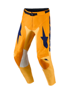 Pantalones Racer Amber y Racer Amber Gear Set Alpinestars, motocross de hombre, naranja y azul oscuro con paneles elásticos.