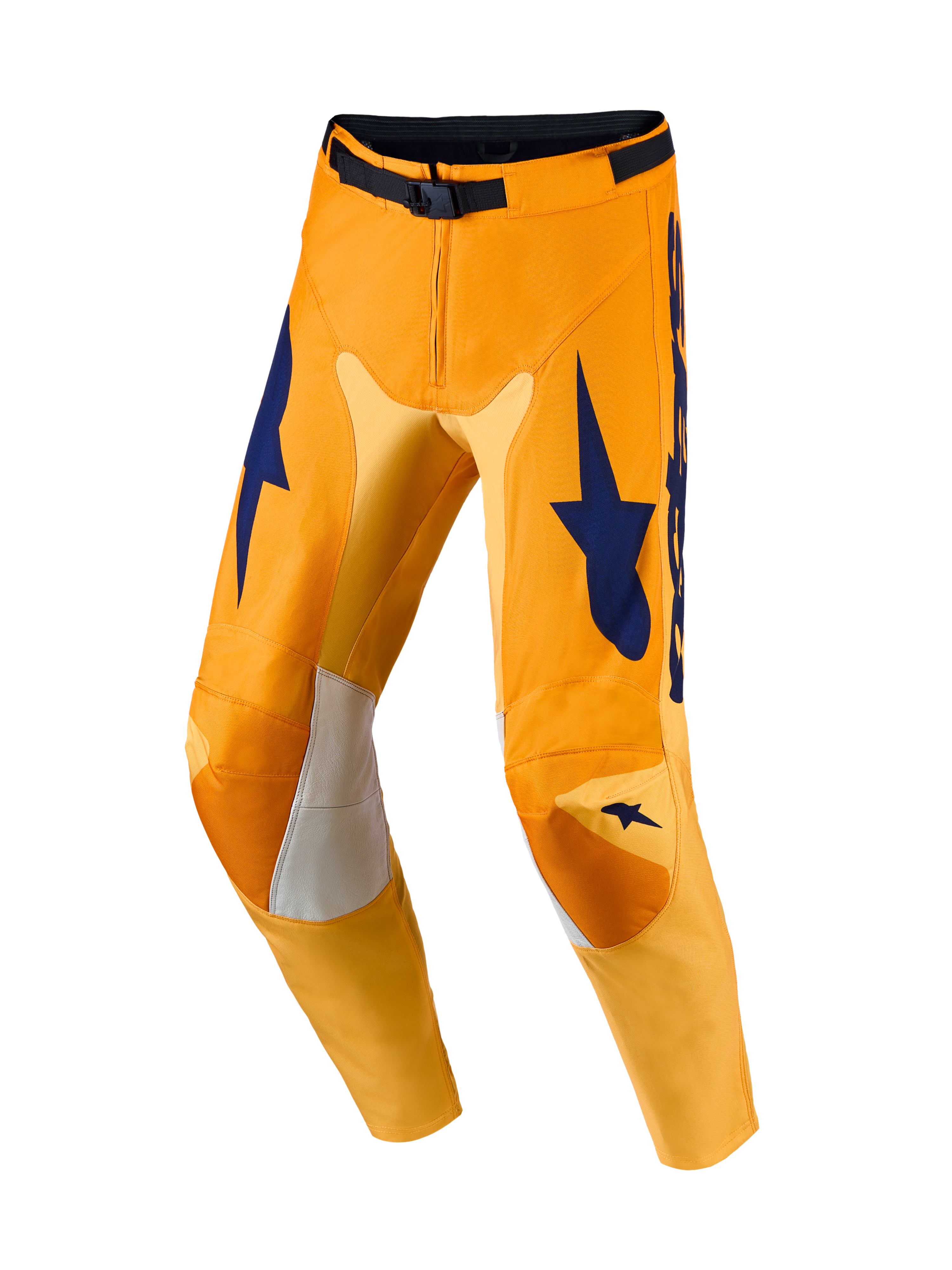 Pantalones Racer Amber y Racer Amber Gear Set Alpinestars, motocross de hombre, naranja y azul oscuro con paneles elásticos.