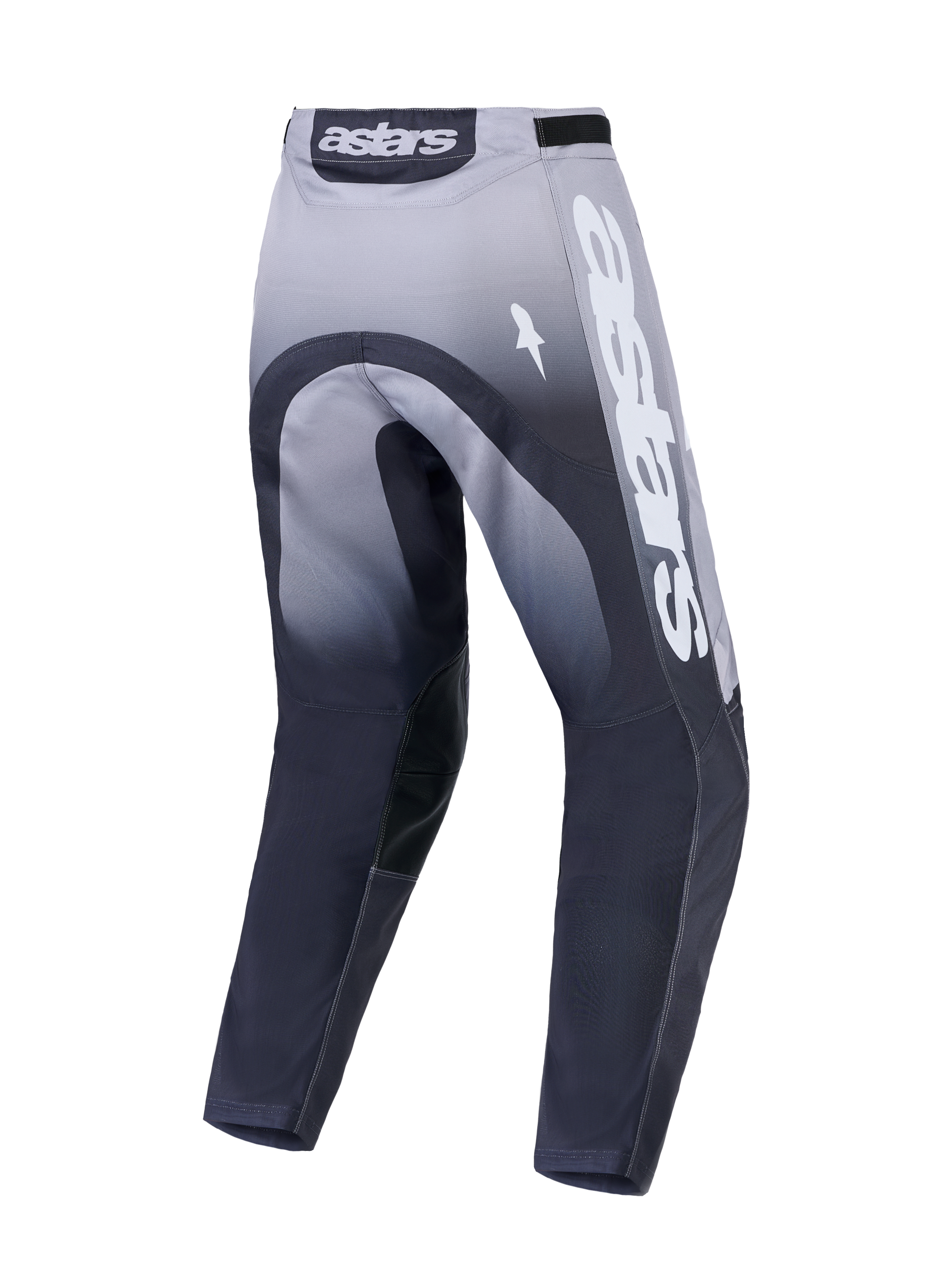 Alpinestars Racer Amber, pantalones de motocross para hombre, grises y blancos, vista trasera con logotipos Astars