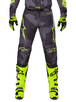 2025 Racer Hollow Pants, Motocross Pants, Gray with Neon Yellow, featuring star logos and text, paired with black and yellow gloves and yellow boots with black buckles, sporty protective design for off-road racing