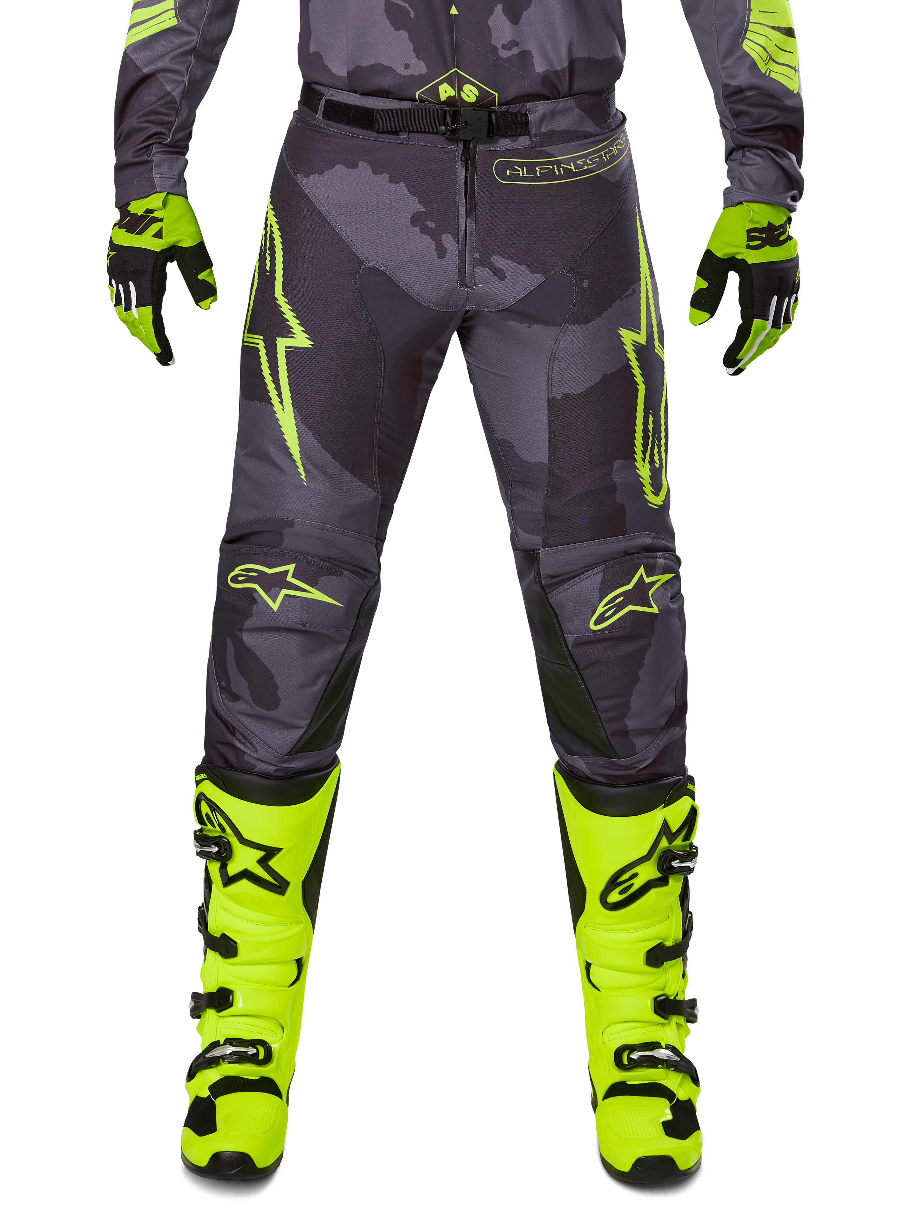 Alpinestars 2025 Racer Hollow Pants, pantalones de motocross, gris oscuro con detalles amarillo neón, diseños de estrellas amarillas brillantes, equipo de protección para todoterreno, estilo deportivo con alta visibilidad