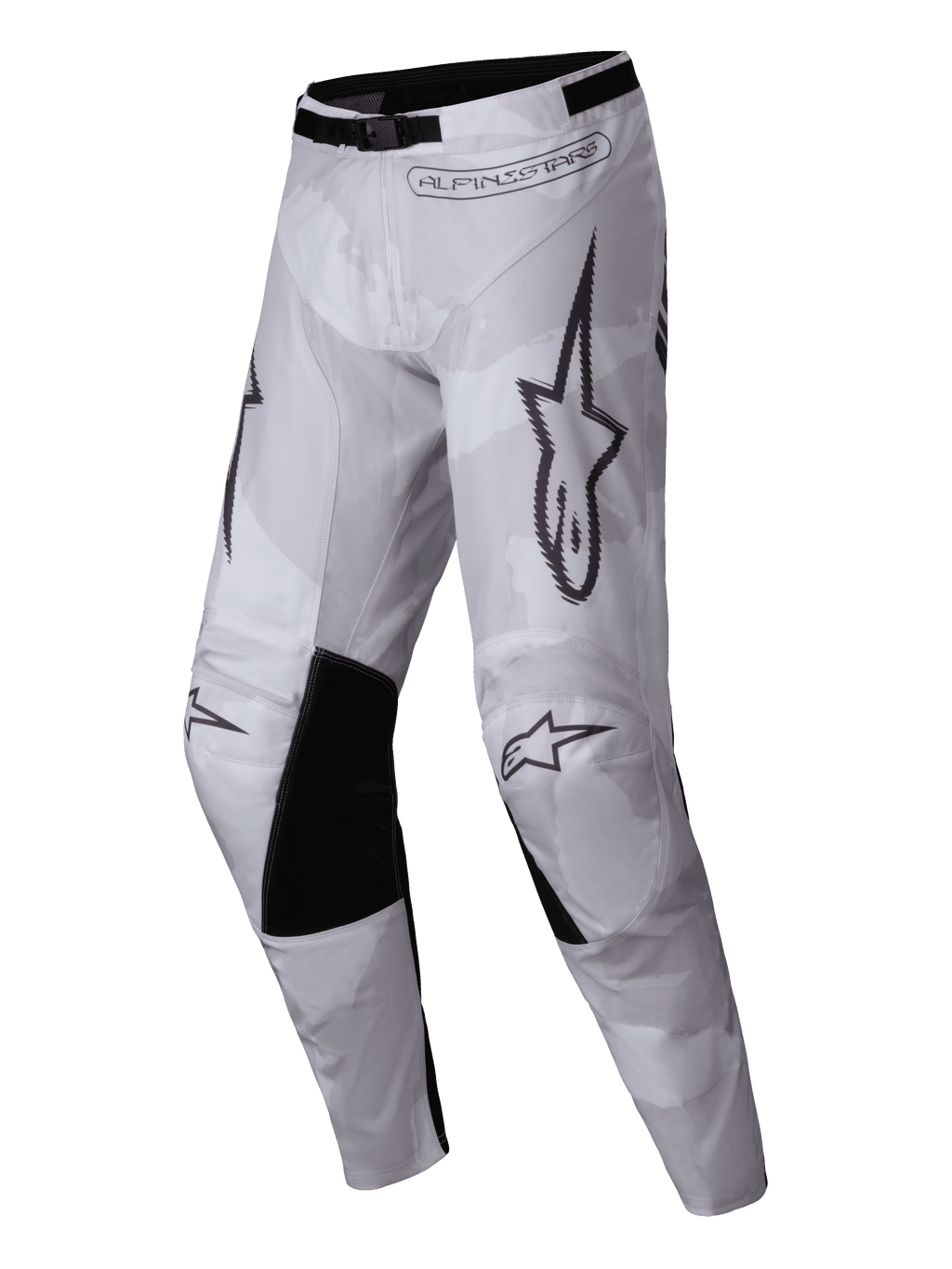 Alpinestars 2025 Racer Hollow Pants, pantalones de motocross, marrón camuflaje claro, con patrón de camuflaje claro, paneles interiores negros en las rodillas, logotipo distintivo de Alpinestars y hebilla de cintura ajustable para carreras todoterreno