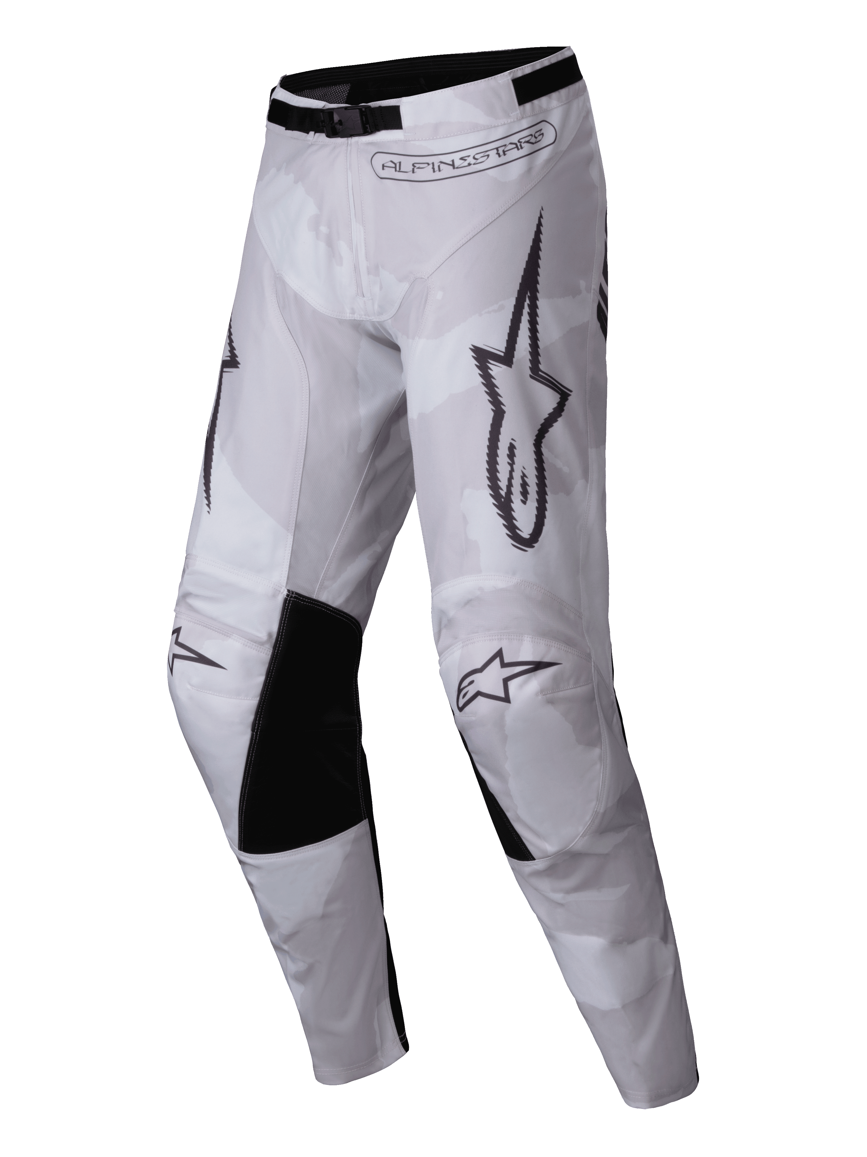 Alpinestars 2025 Racer Hollow Pants, pantalones de motocross, marrón camuflaje claro, con patrón de camuflaje claro, paneles interiores negros en las rodillas, logotipo distintivo de Alpinestars y hebilla de cintura ajustable para carreras todoterreno