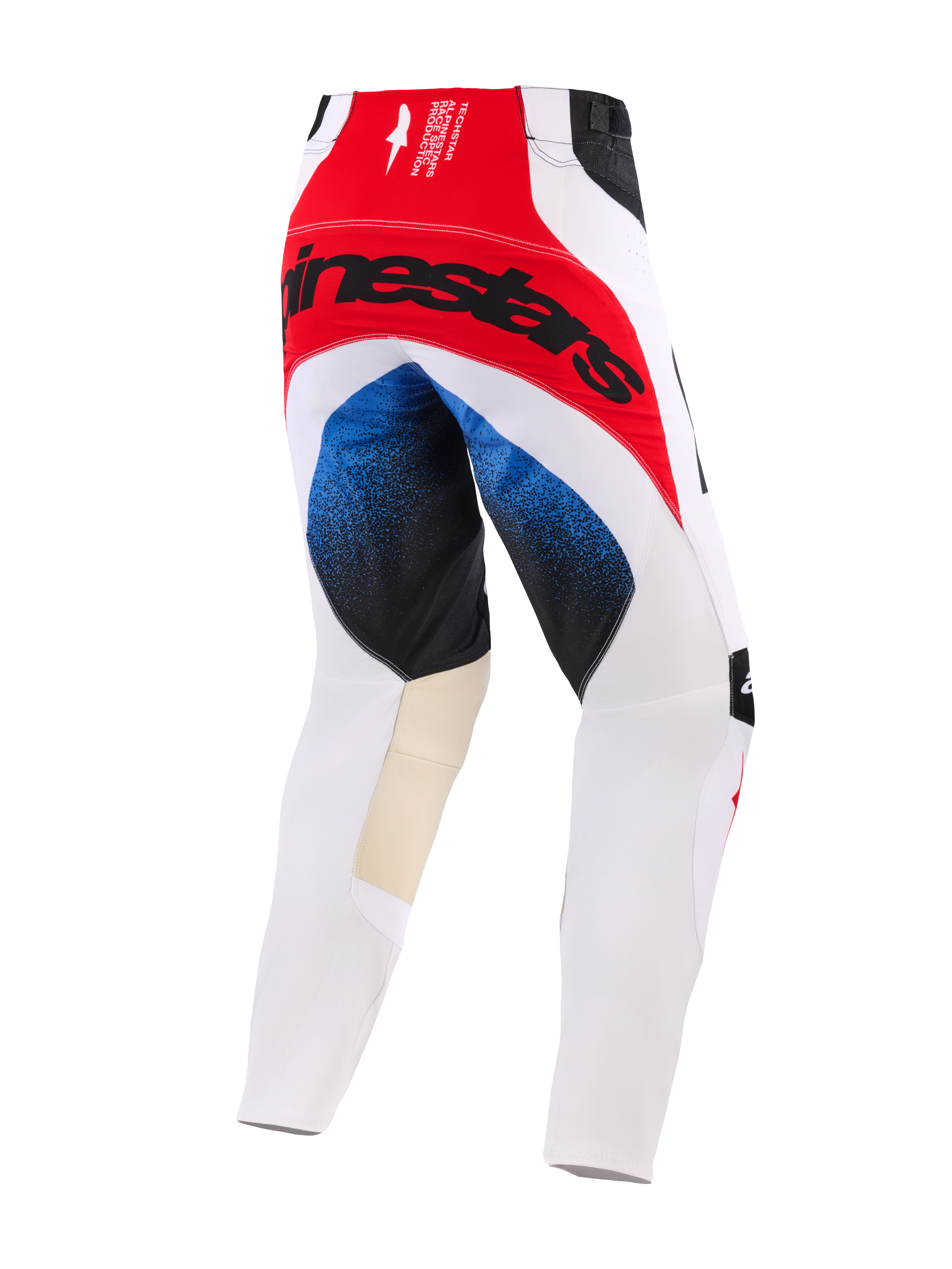 Alpinestars 2026 Techstar Knif Pants, Motocross Pants, White Red and Blue, rear view featuring a large black Alpinestars logo on a red seat panel, blue gradient accents on the thighs, tan leather inner knee panels, athletic racing fit.